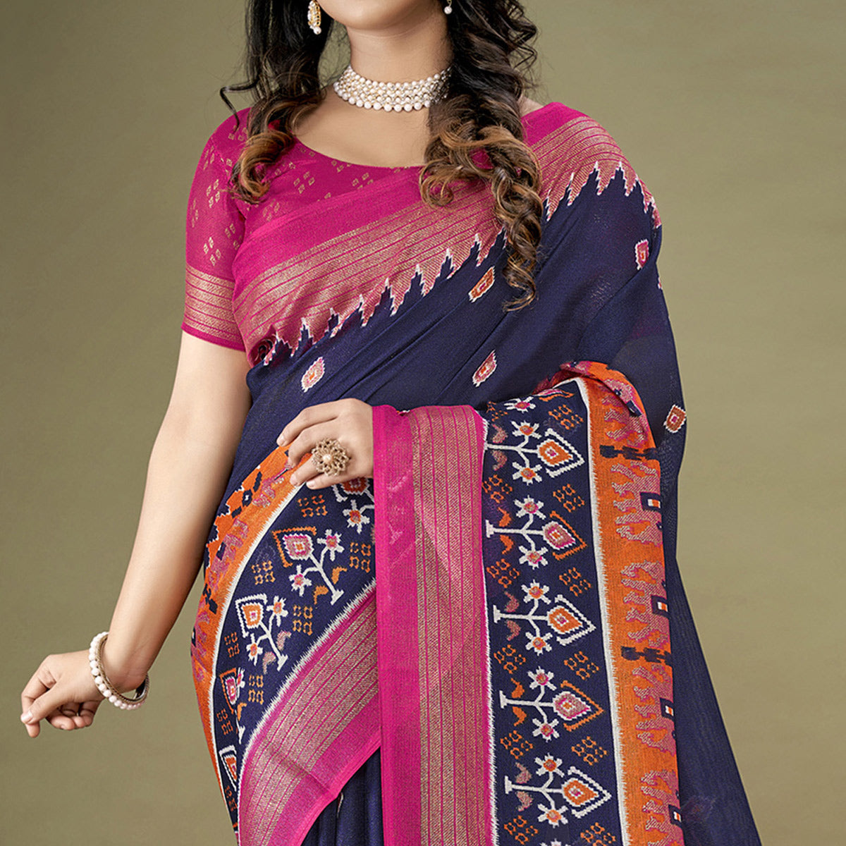 Navy Blue Printed Jute Patola Saree