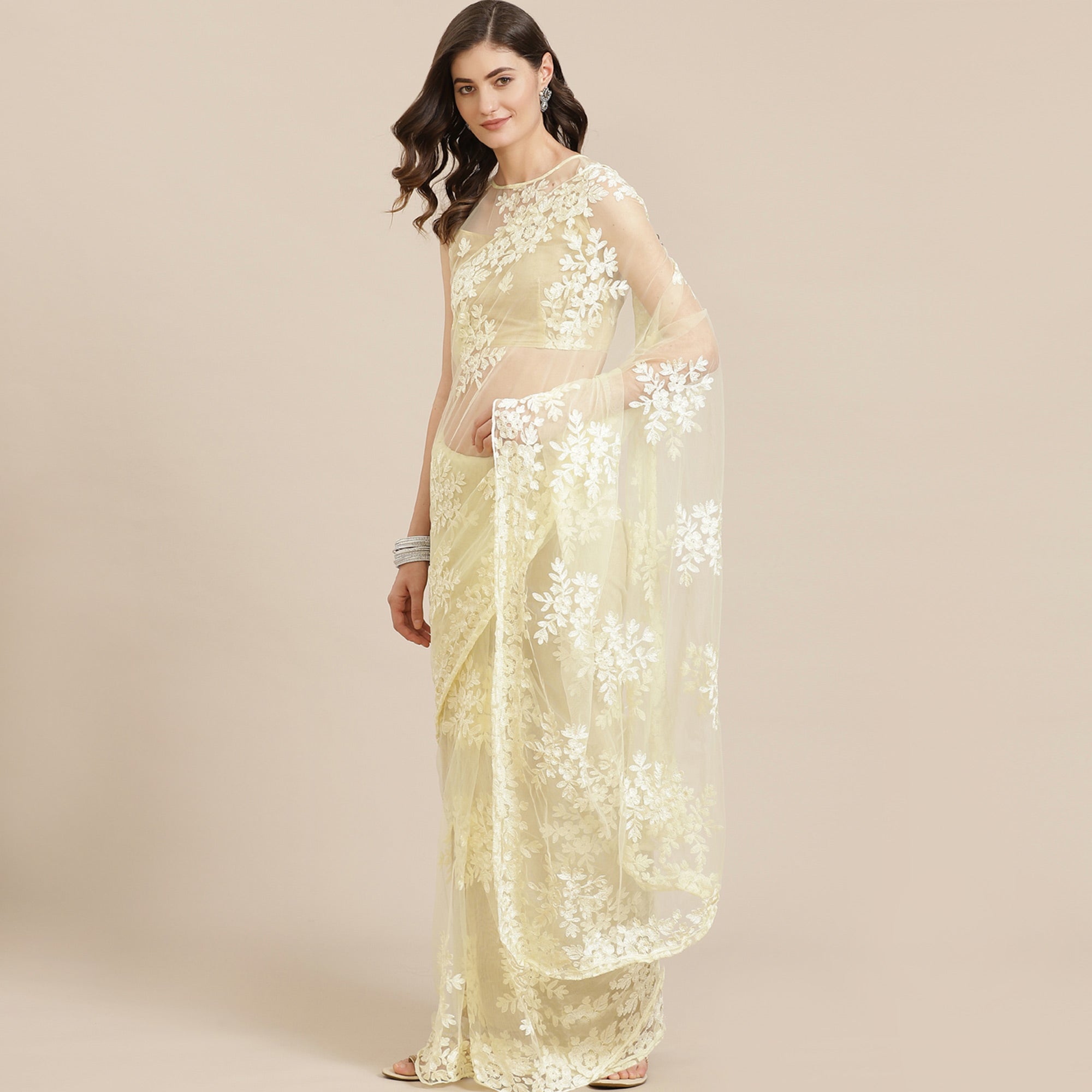 Yellow Floral Embroidered Net Saree