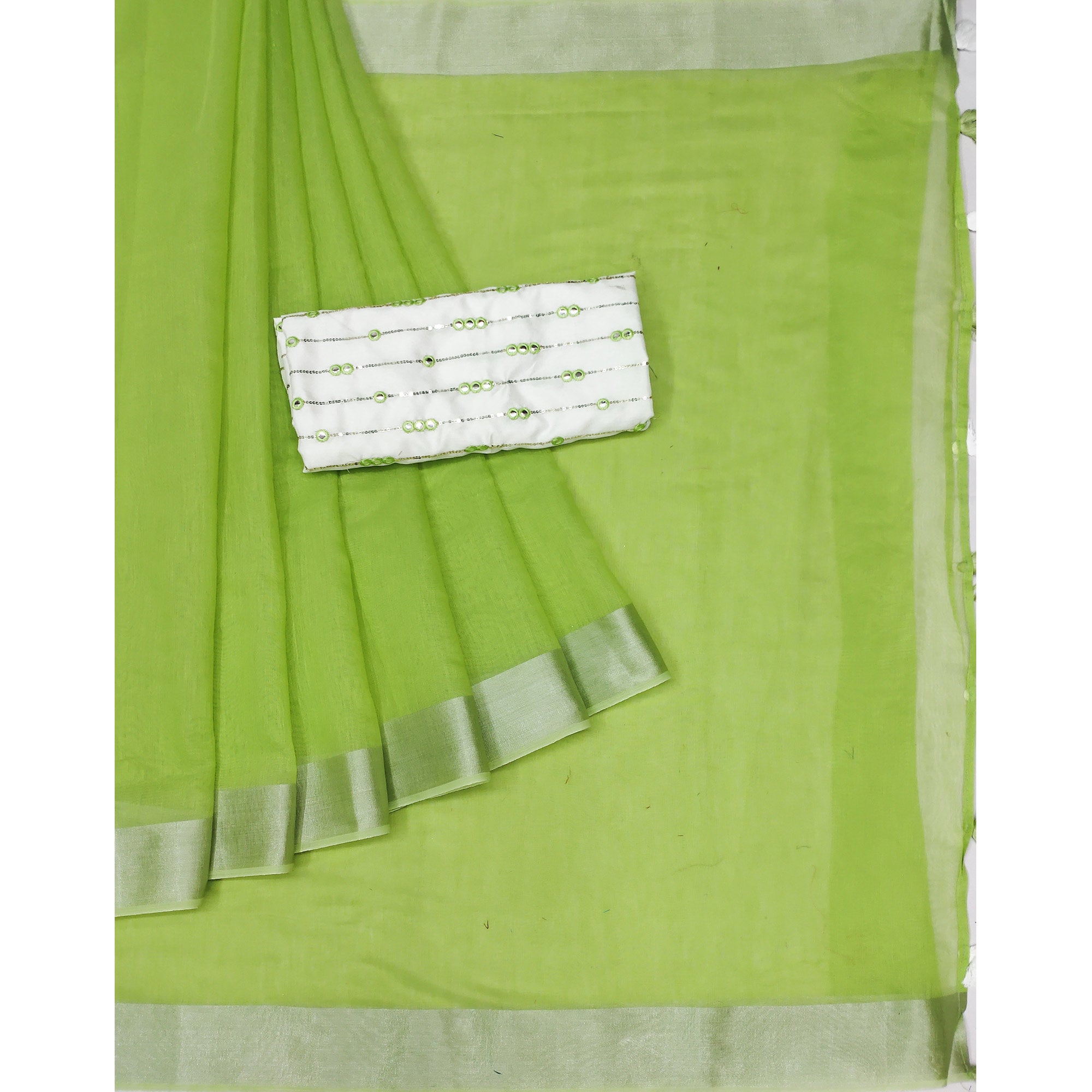 Green Solid Chanderi Saree With Tassels