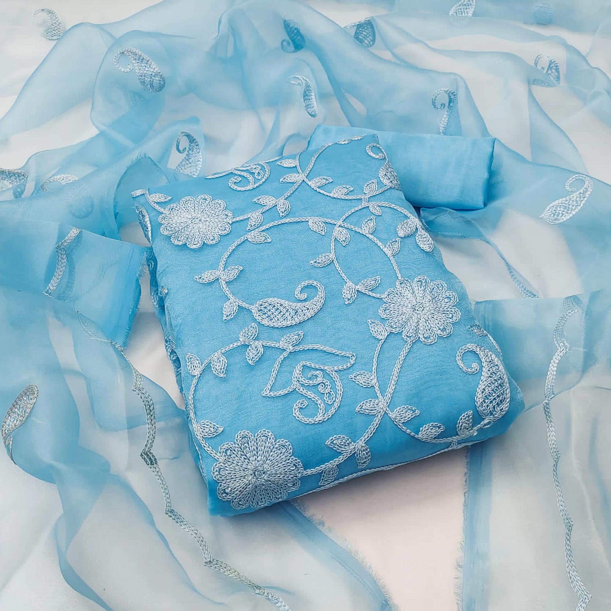 Sky Blue Floral Embroidered Organza Dress Material