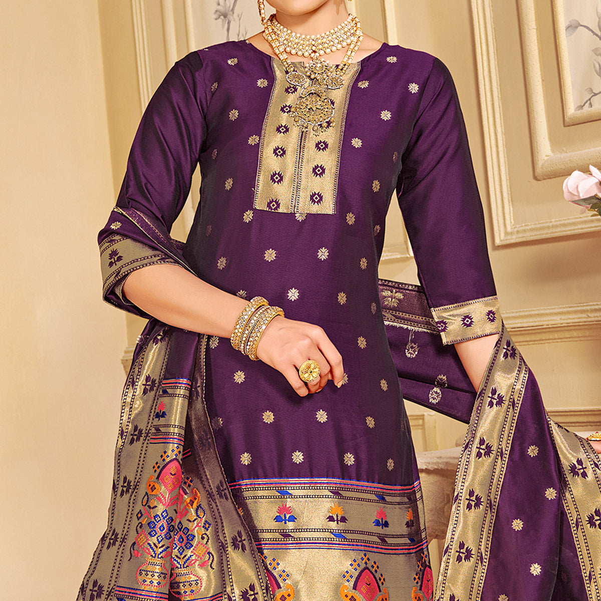 Purple Floral Woven Tapetta Silk Salwar Suit