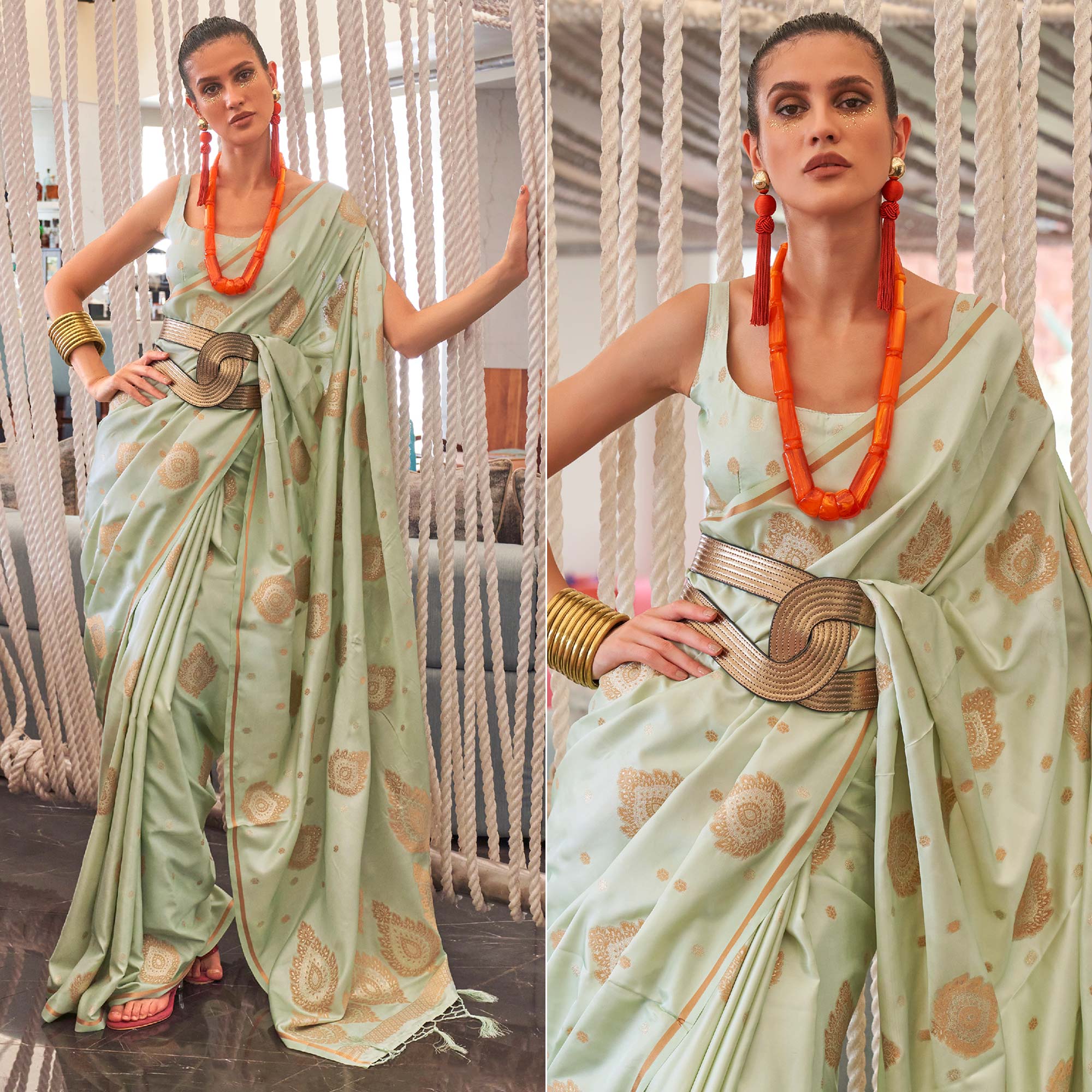 Pista Green Woven Satin Saree With Tassels