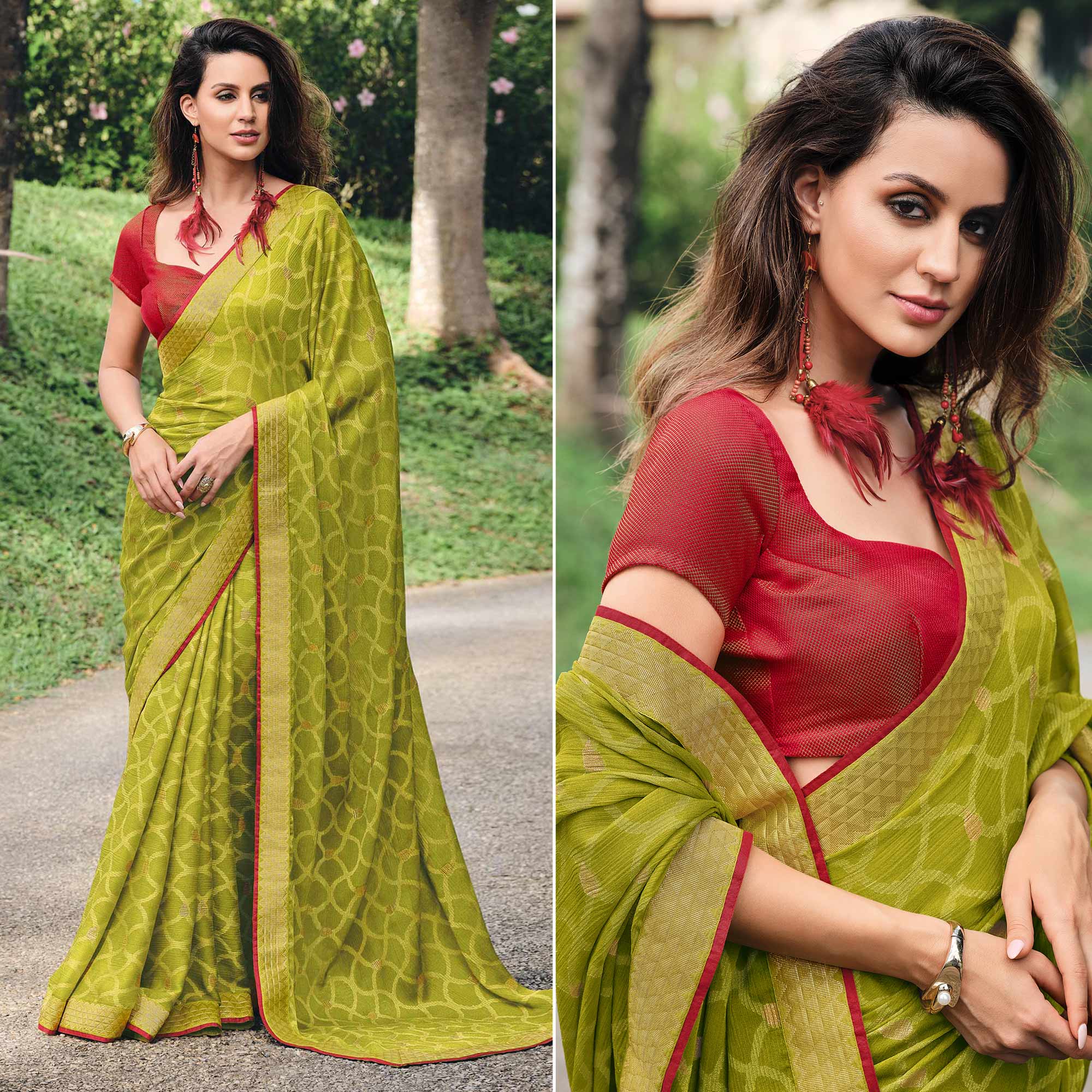 Green Printed Chiffon Saree