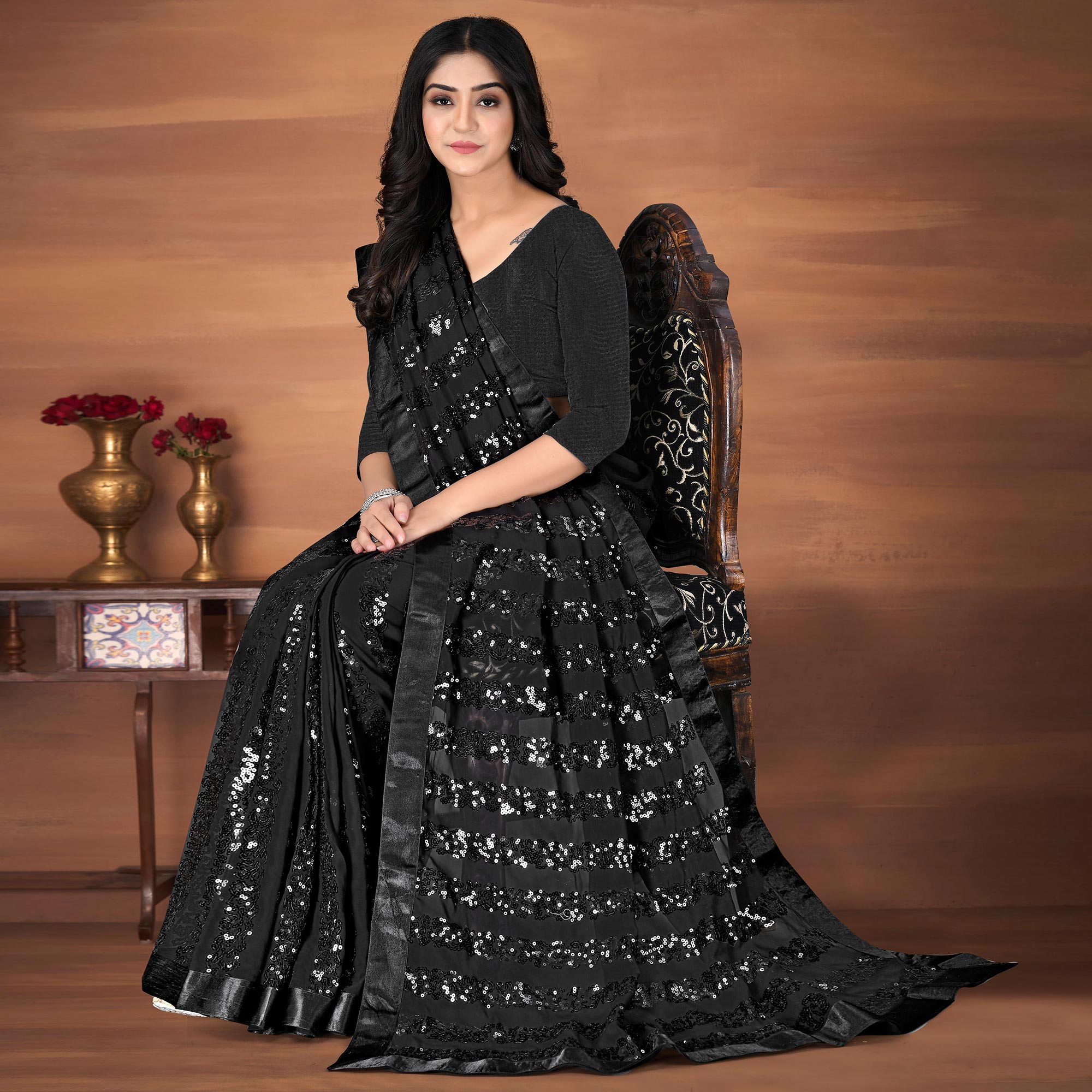 Black Sequins Embroidered Georgette Saree