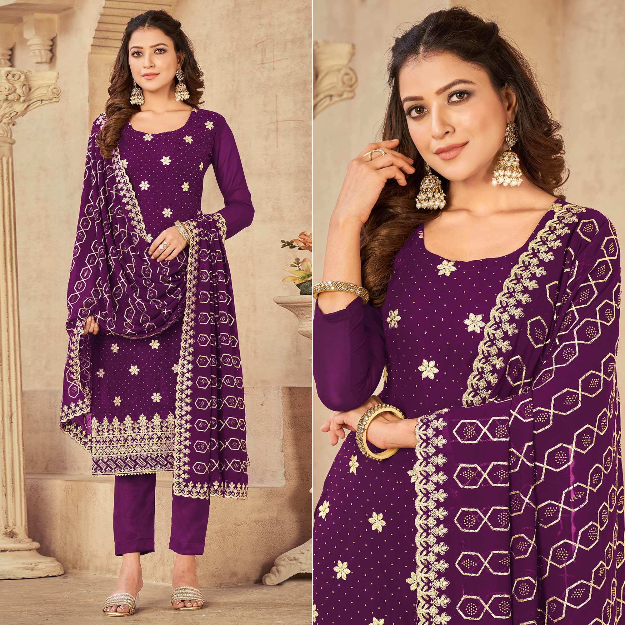 Purple Embroidered Georgette Suit