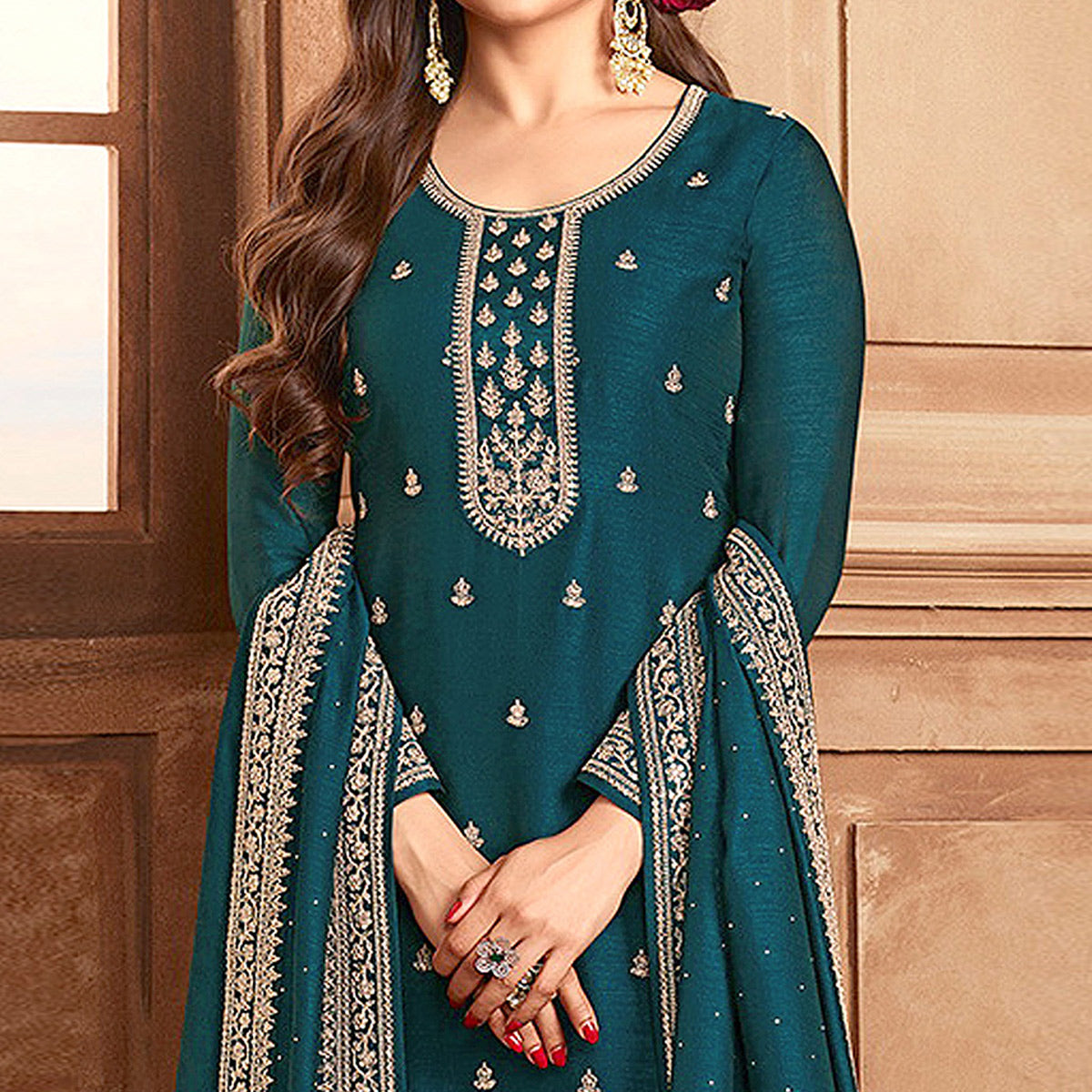 Aqua Blue Floral Embroidered Georgette Semi Stitched Palazzo Suit