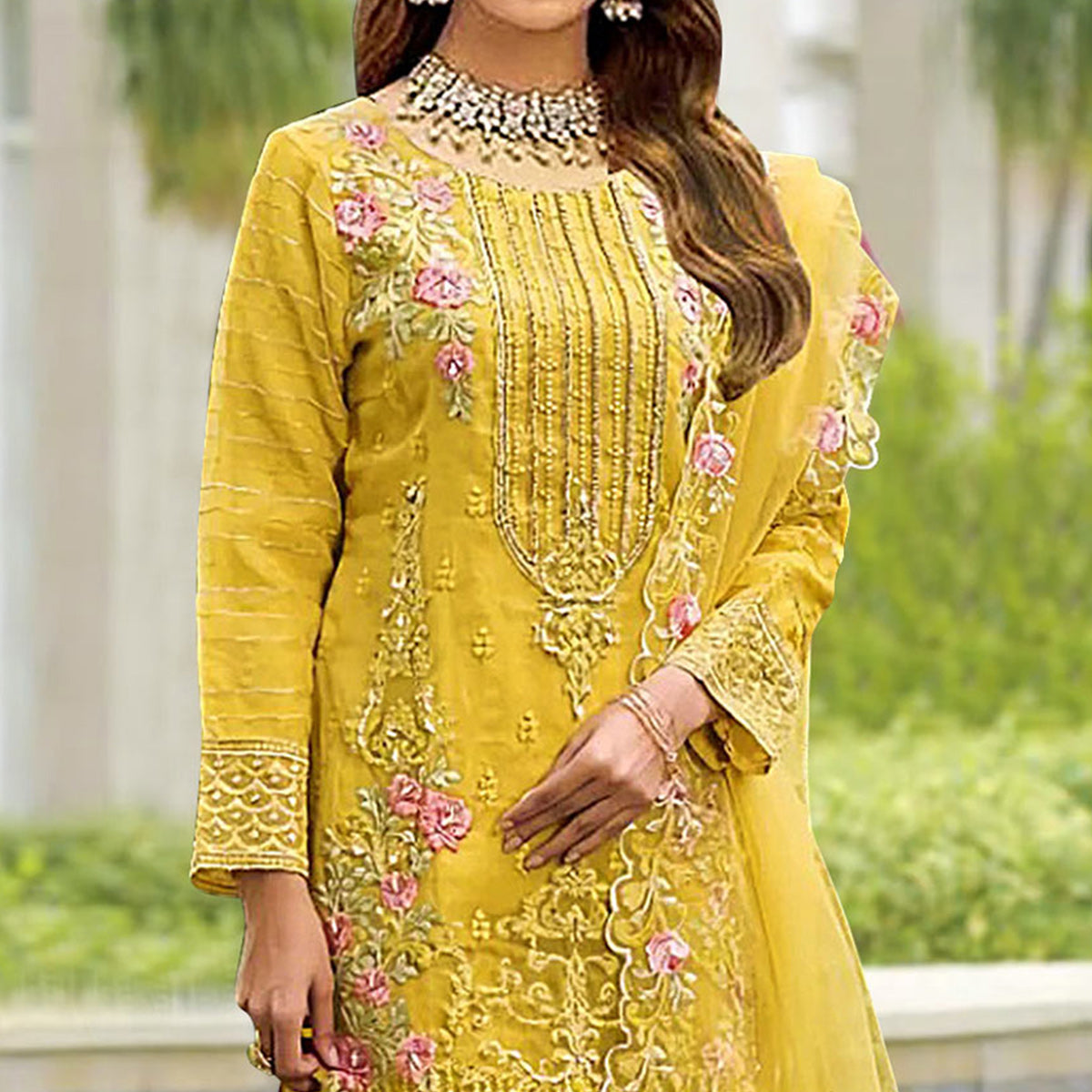 Yellow Floral Embroidered Organza Pakistani Suit