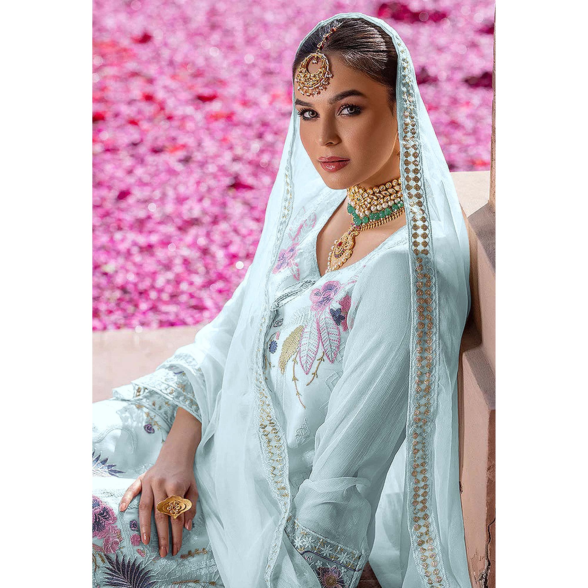 Sky Embroidered Georgette Pakistani Suit