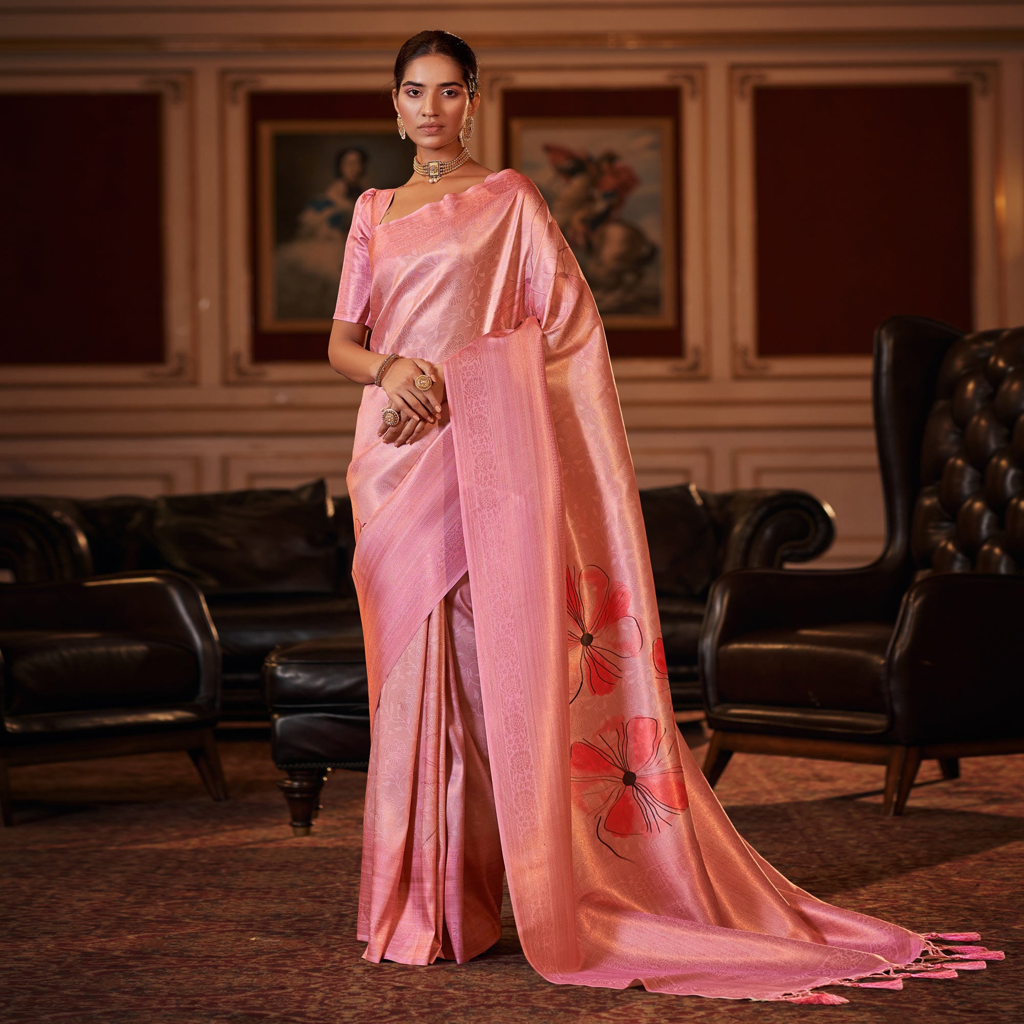 Pink Woven Jacquard Saree With Tassels