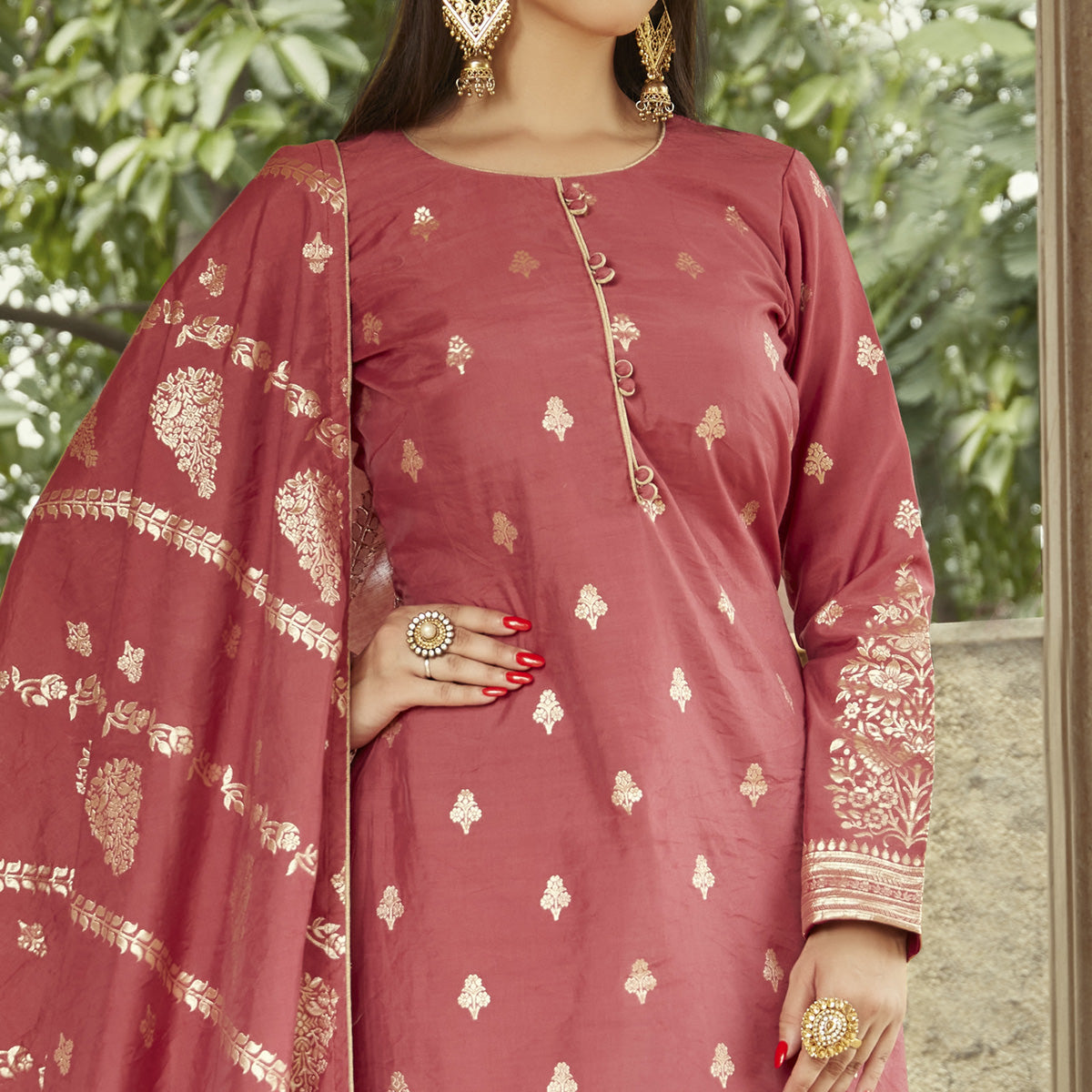 Pink Woven Viscose Kurti With Dupatta