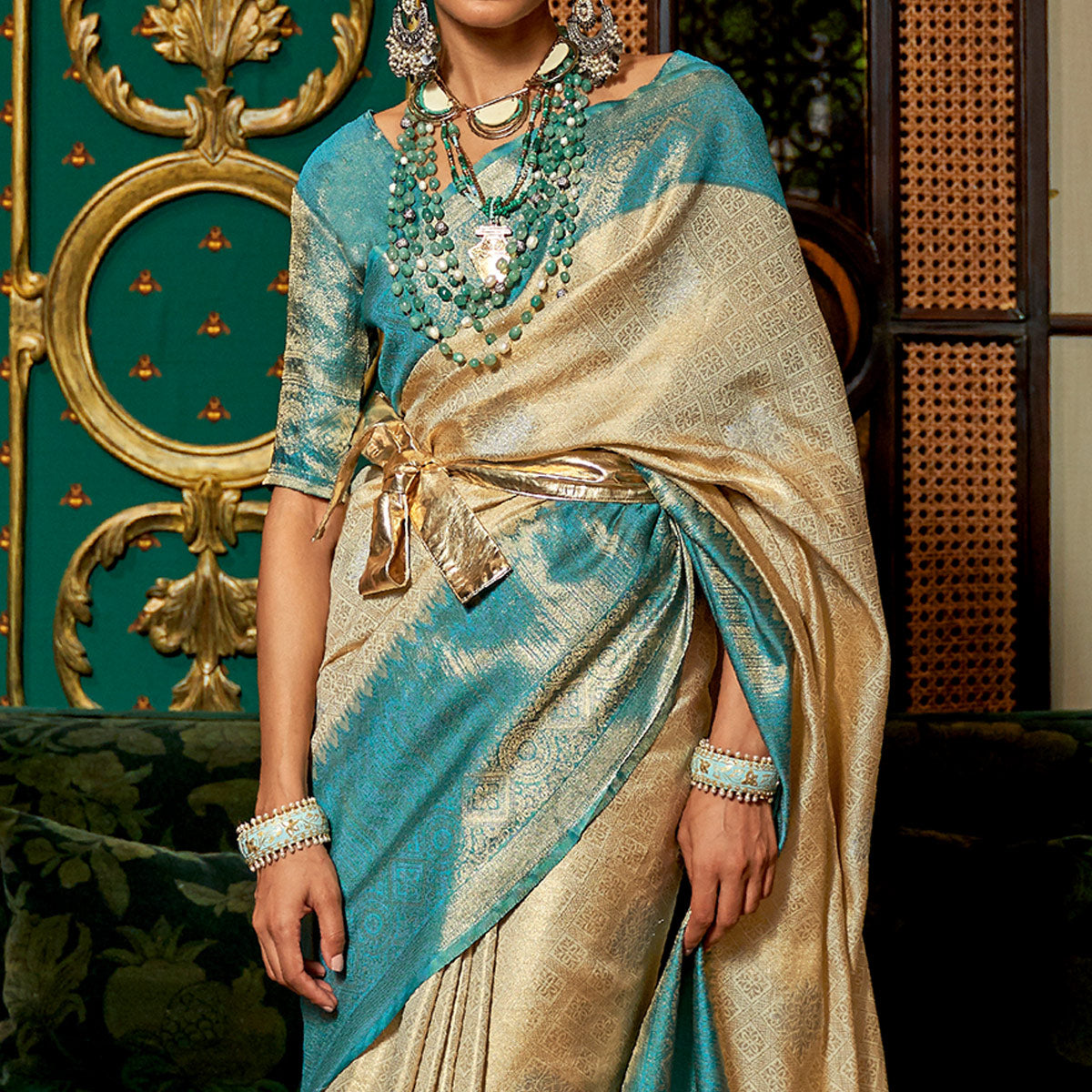 Beige Woven Art Silk Saree With Tassels