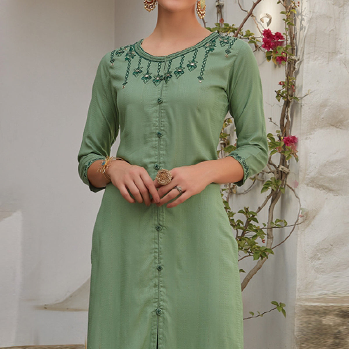 Green Floral Embroidered Cotton Blend Kurti