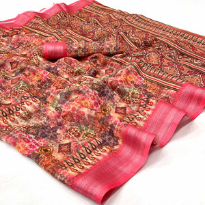 Multicolored Digital Printed Linen Saree
