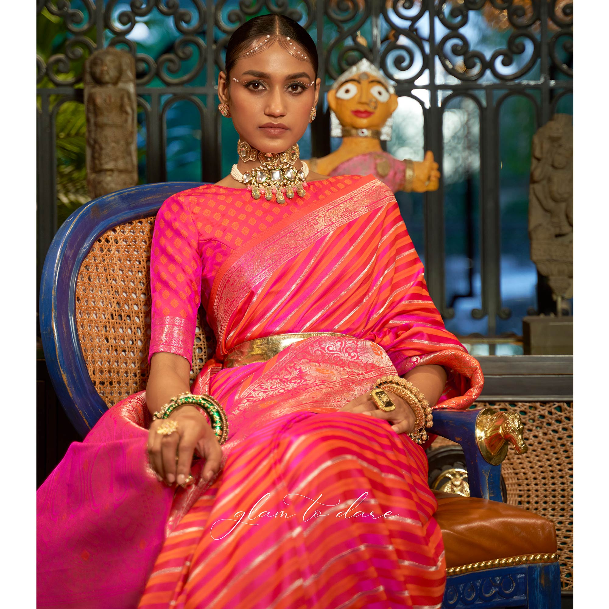 Pink Woven Satin Saree With Tassels