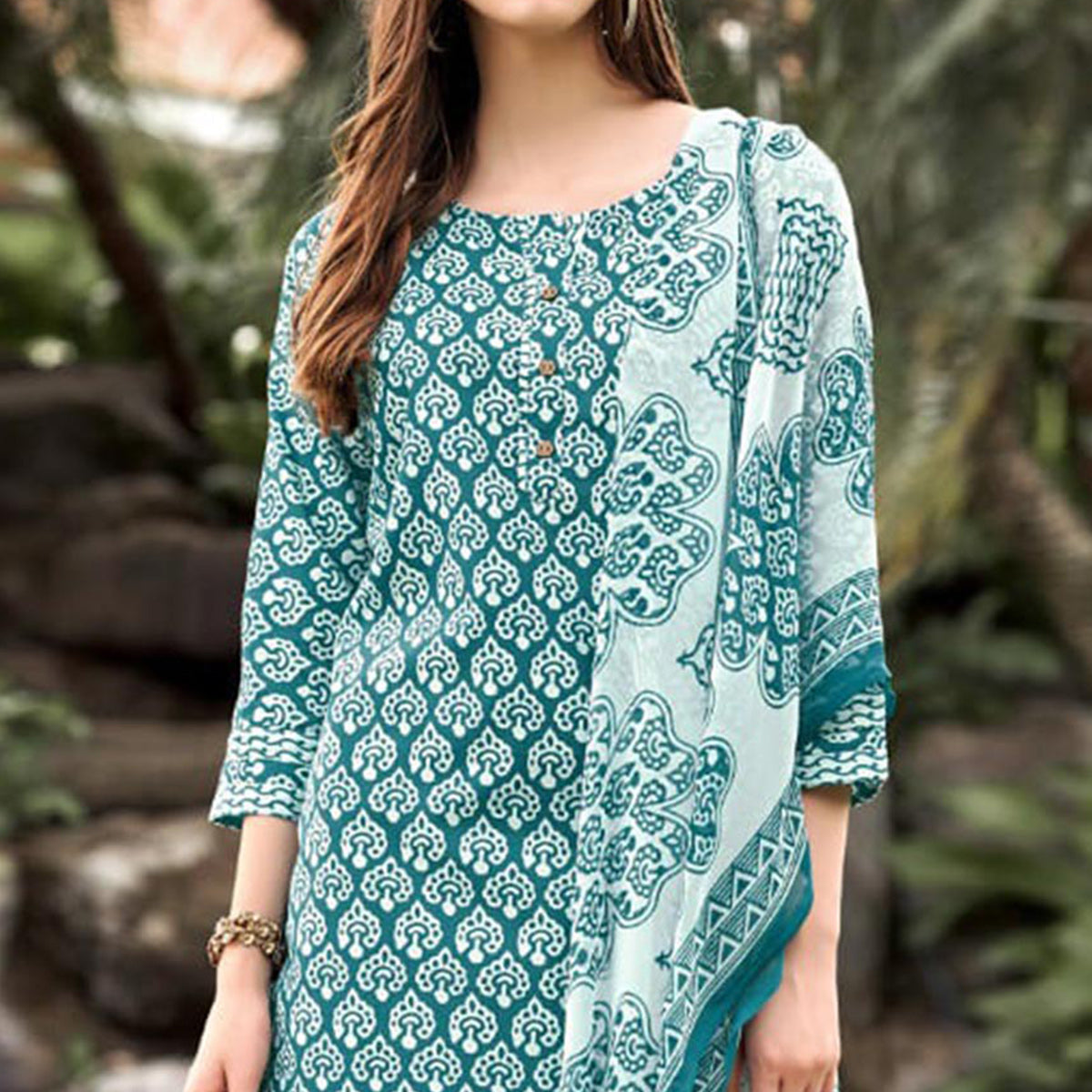 Rama Blue Floral Printed Cotton Blend Suit