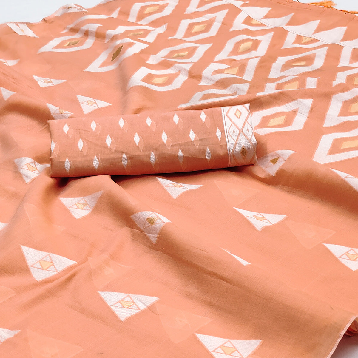 Peach Woven Cotton Saree With Tassels