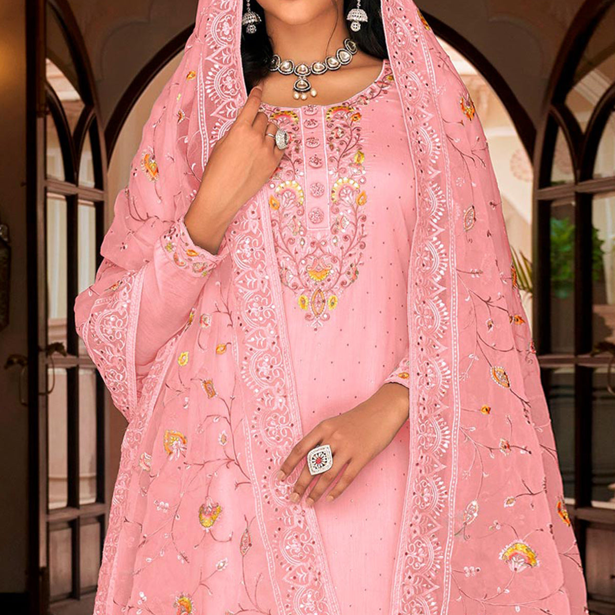 Pink Floral Embroidered Georgette Salwar Suit