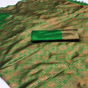 Green Woven Jacquard Saree With Tassels