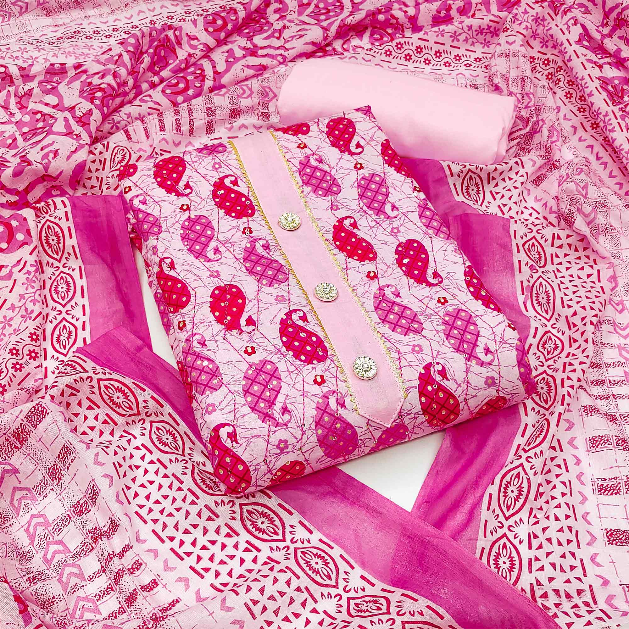 Pink Printed Pure Cotton Dress Material