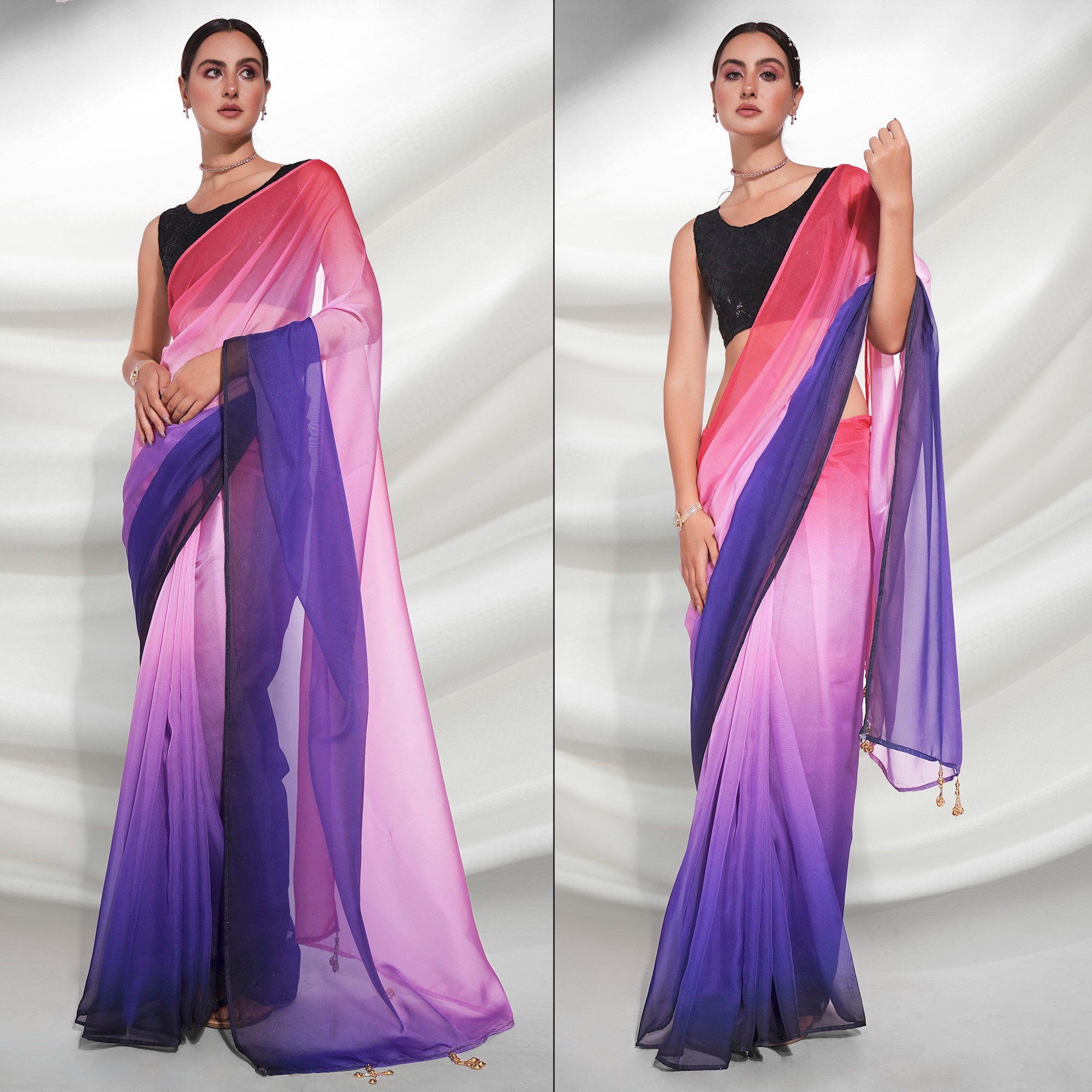 Violet And Pink Printed Organza Saree