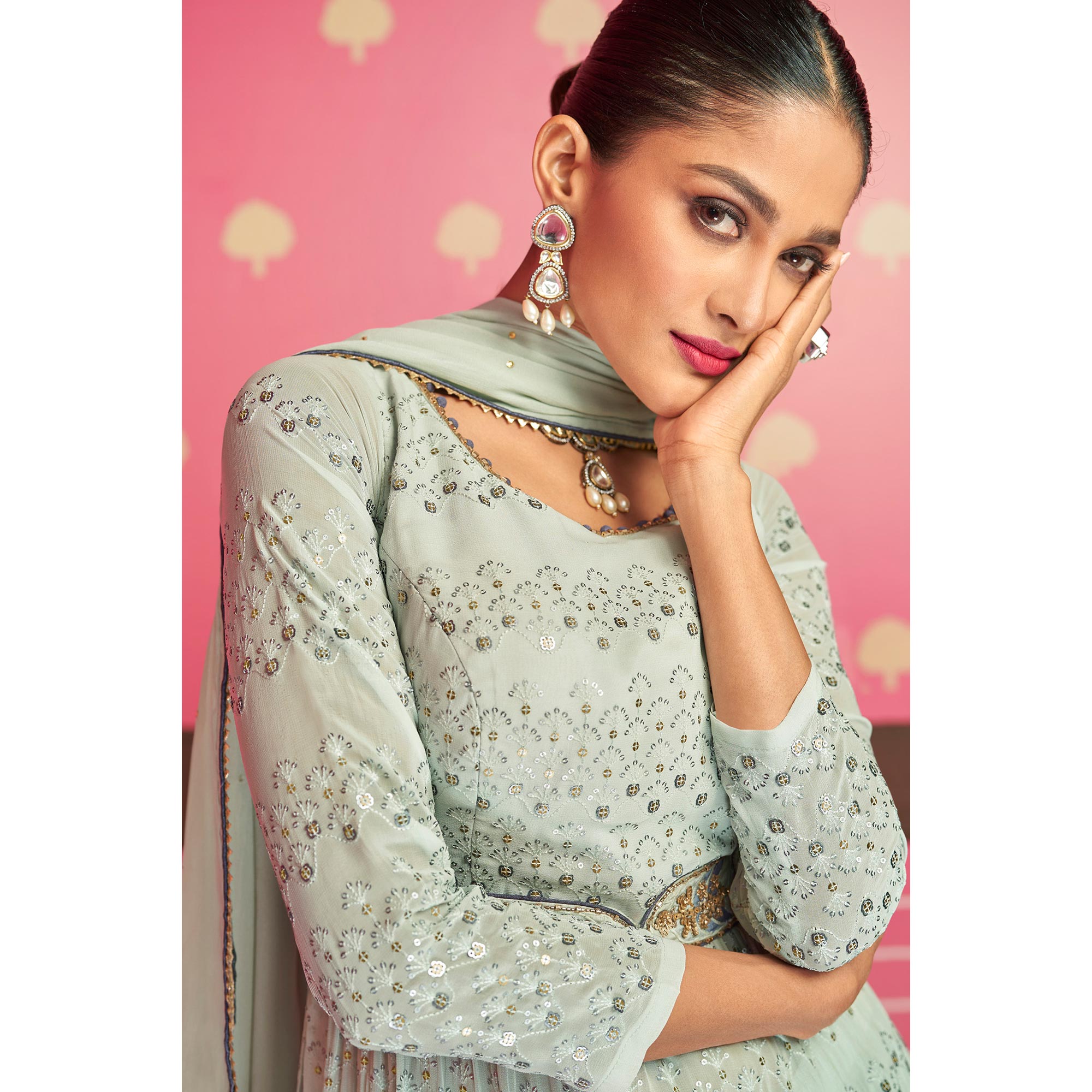 Grey Sequins Embroidered Georgette Naira Cut Suit