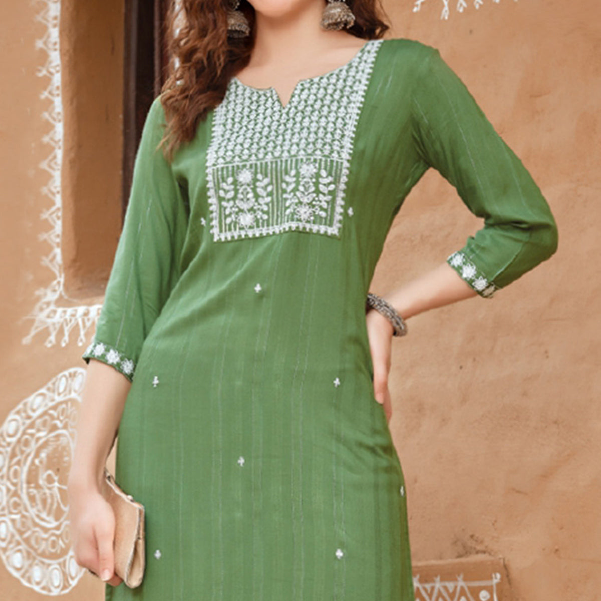 Green Floral Embroidered Rayon Kurti