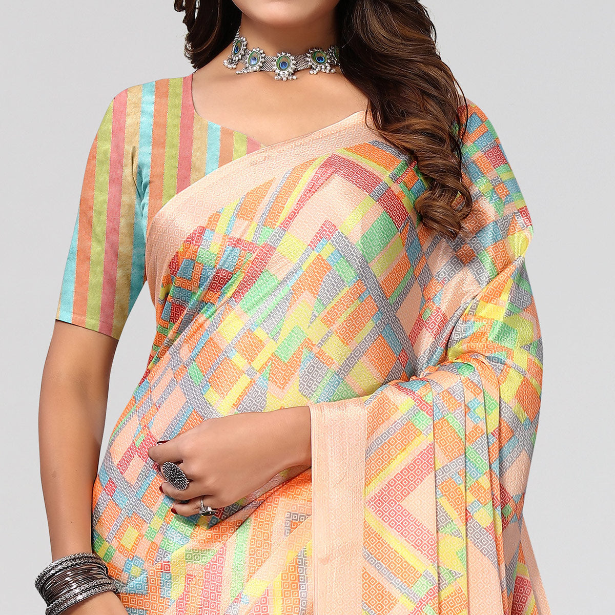 Light Orange Geometric Printed Chiffon Saree