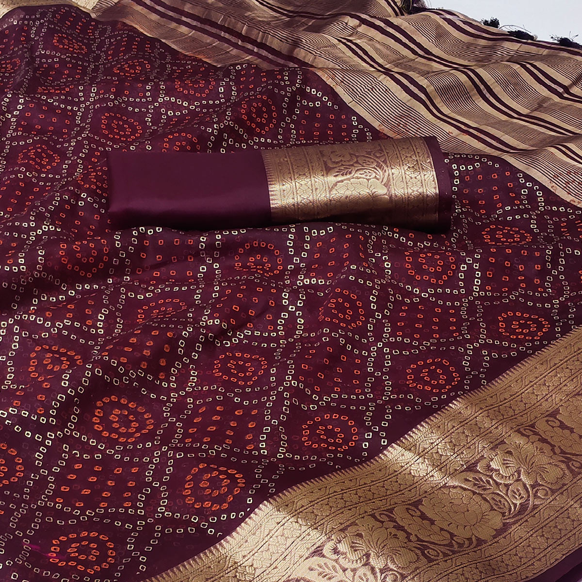 Wine Bandhani Printed Organza Saree With Tassels