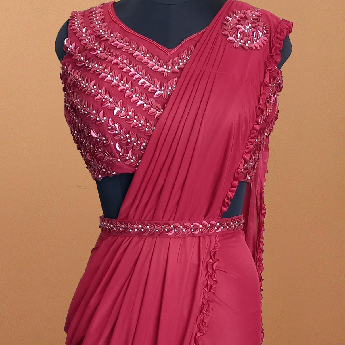 Pink Floral With Solid Ready to Wear Lycra Saree
