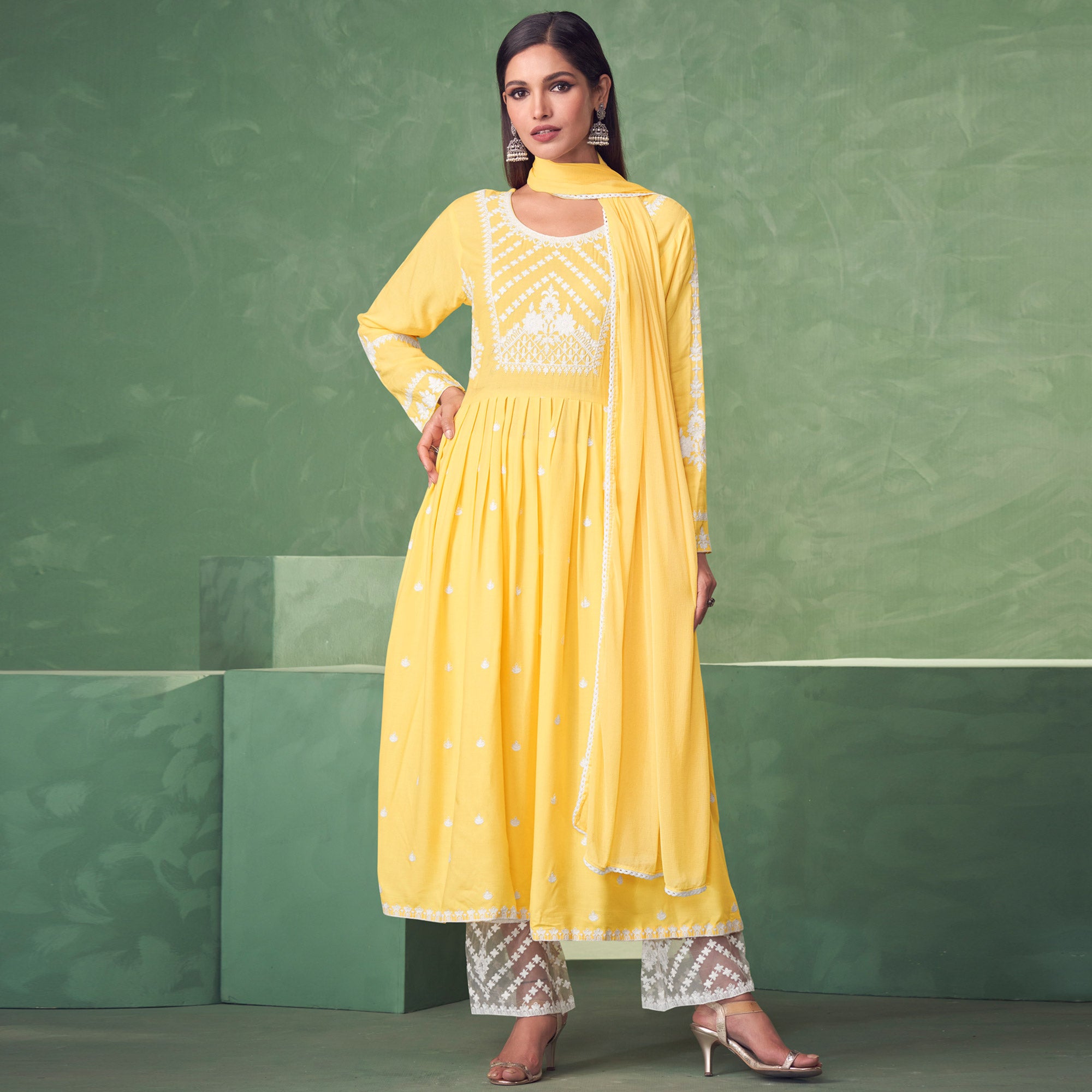 Yellow Lucknowi Work Rayon Naira Cut Palazzo Suit