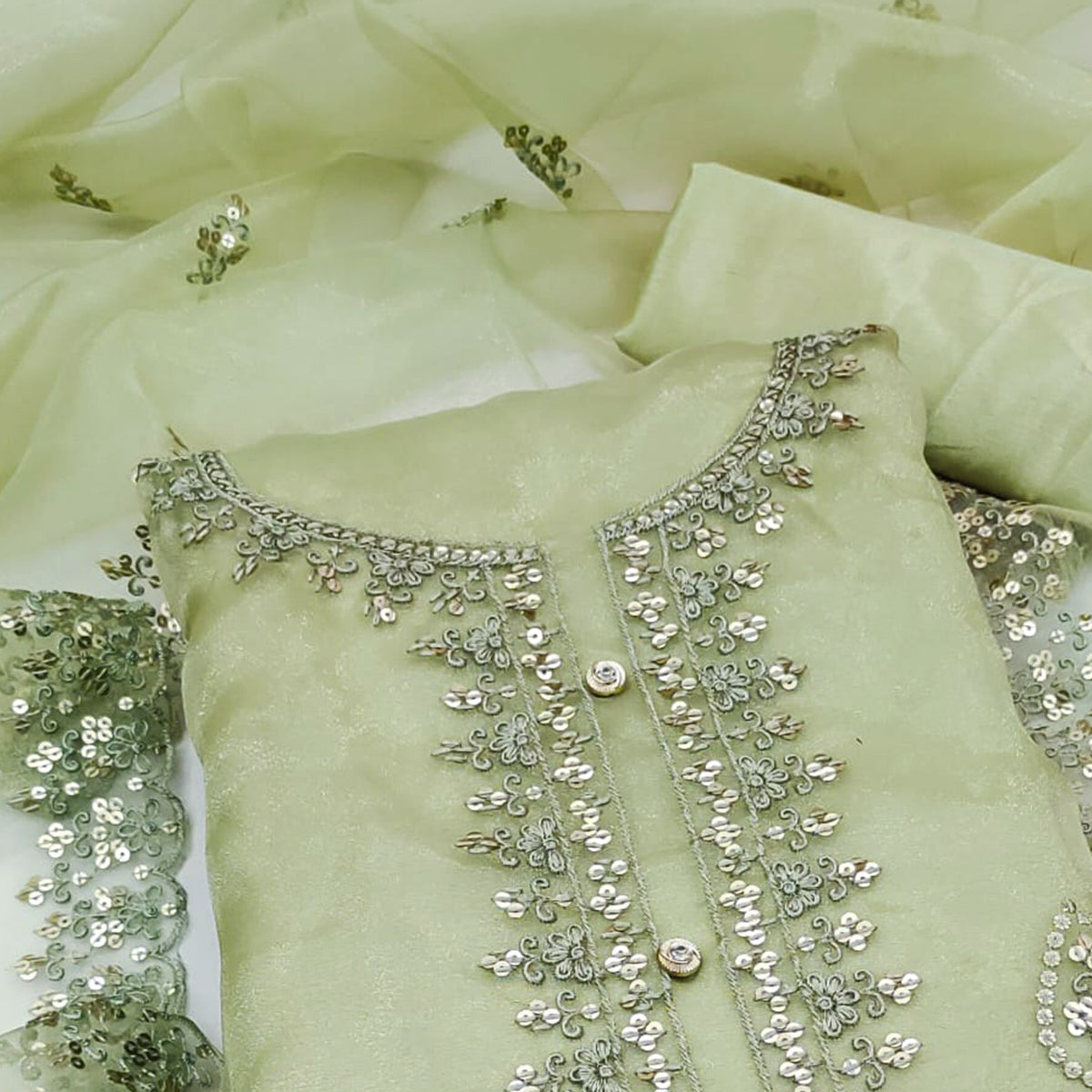 Pista Green Sequins Embroidered Organza Dress Material