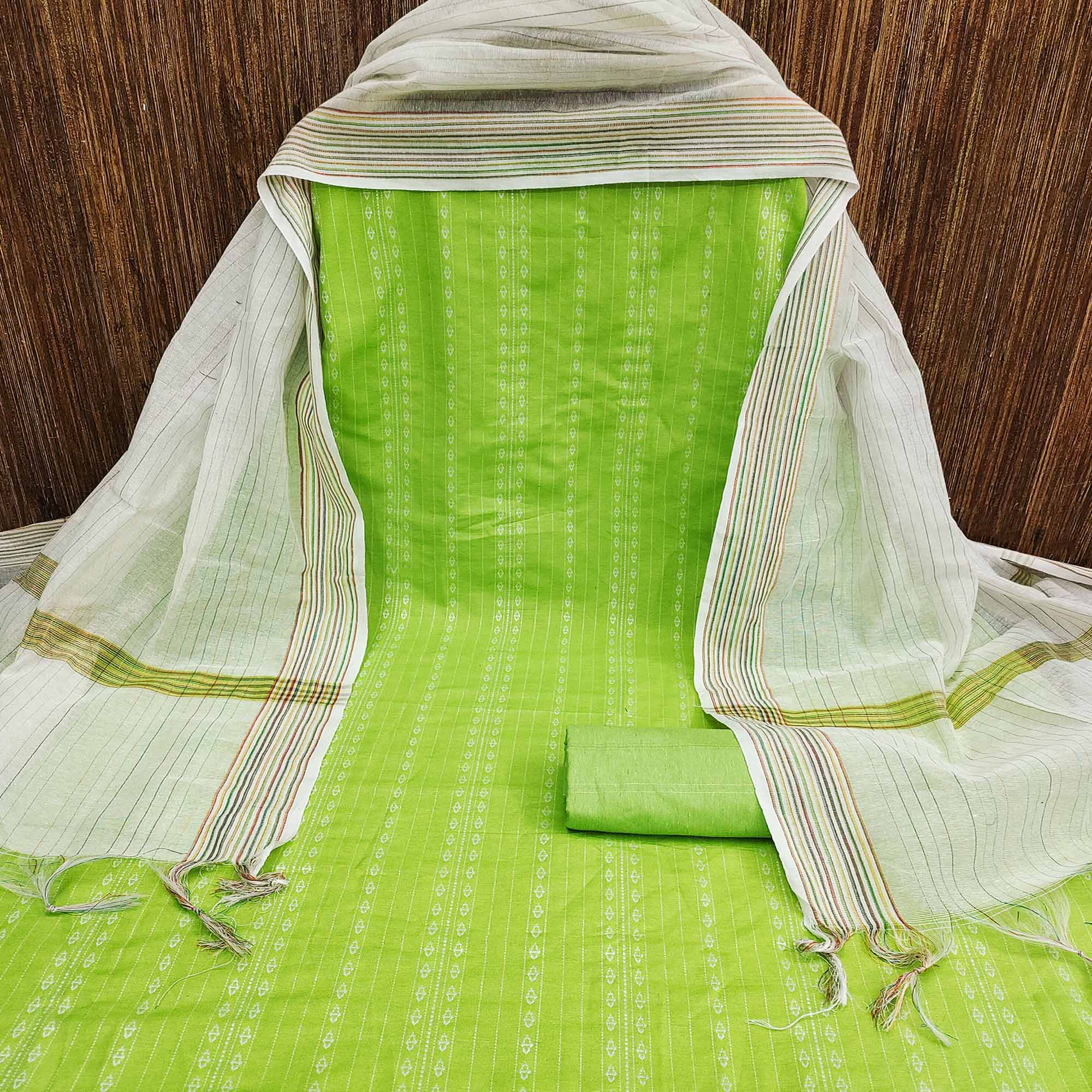 Green Embroidered Cotton Blend Dress Material