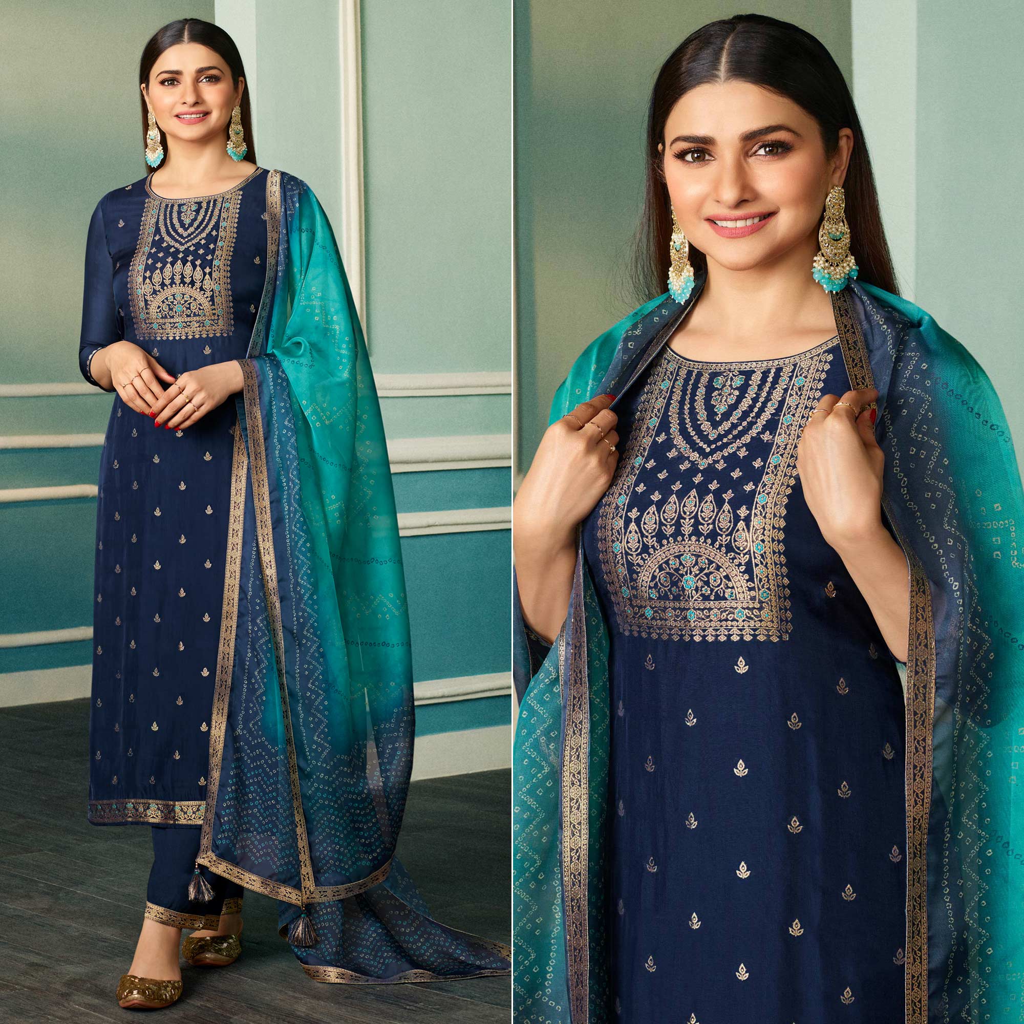 Blue Floral Woven Organza Salwar Suit