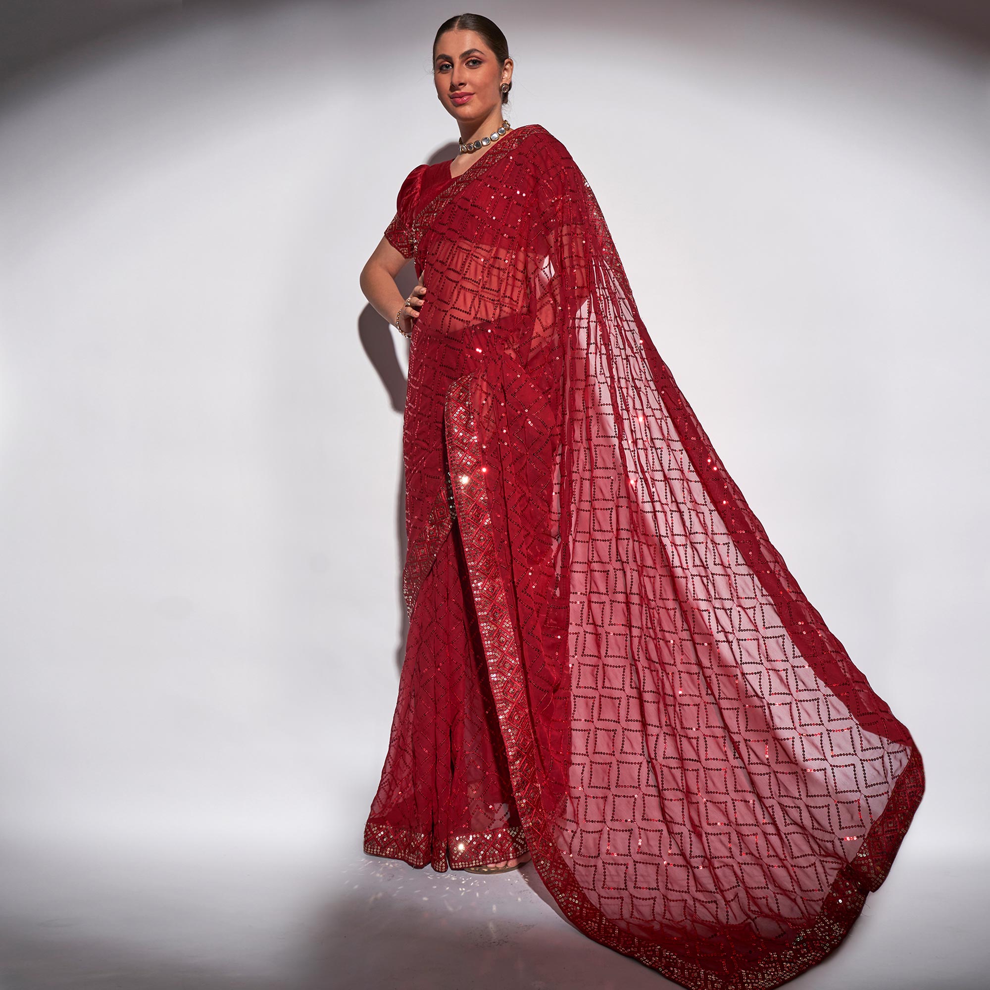 Red Sequins Embroidered Georgette Saree