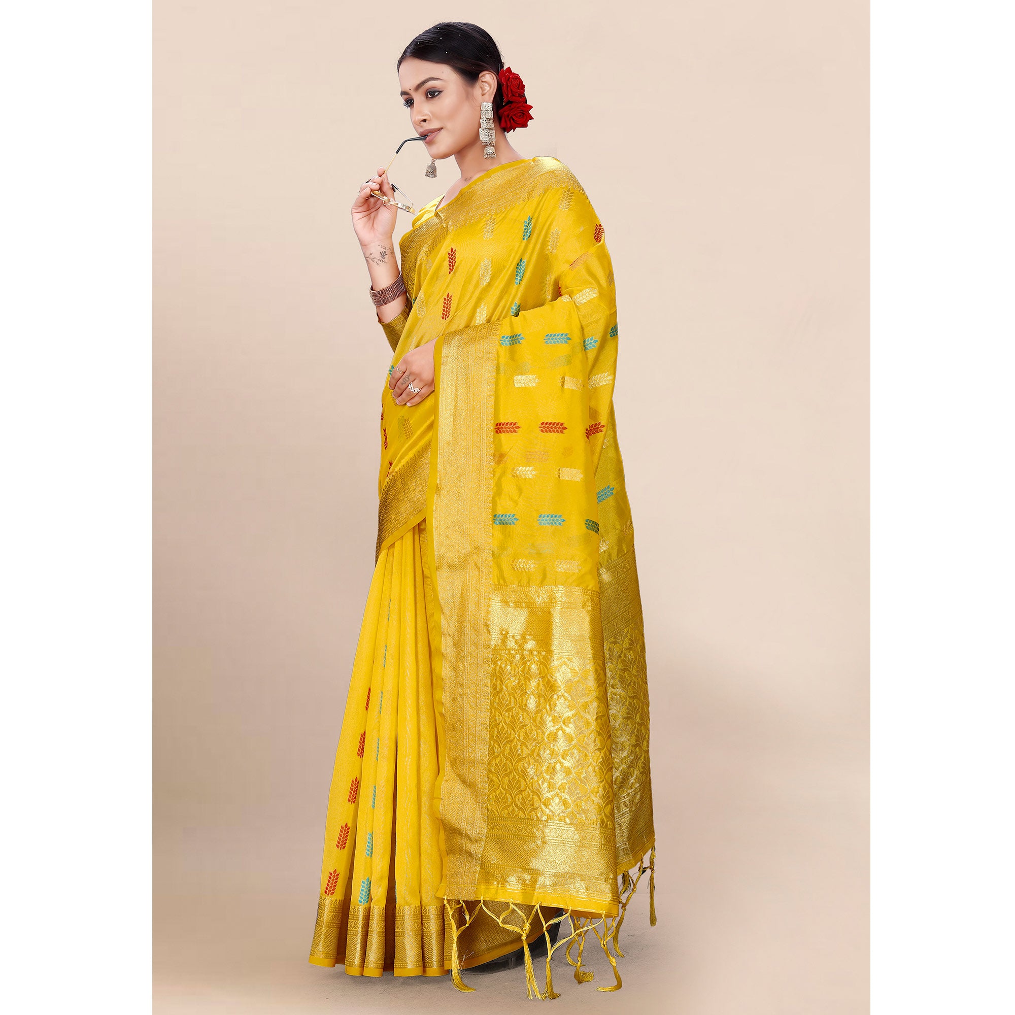 Yellow Woven Organza Saree With Tassels