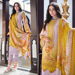 Mauve And Yellow Digital Printed With Daman Embroidered Pure Cotton Pakistani Suit