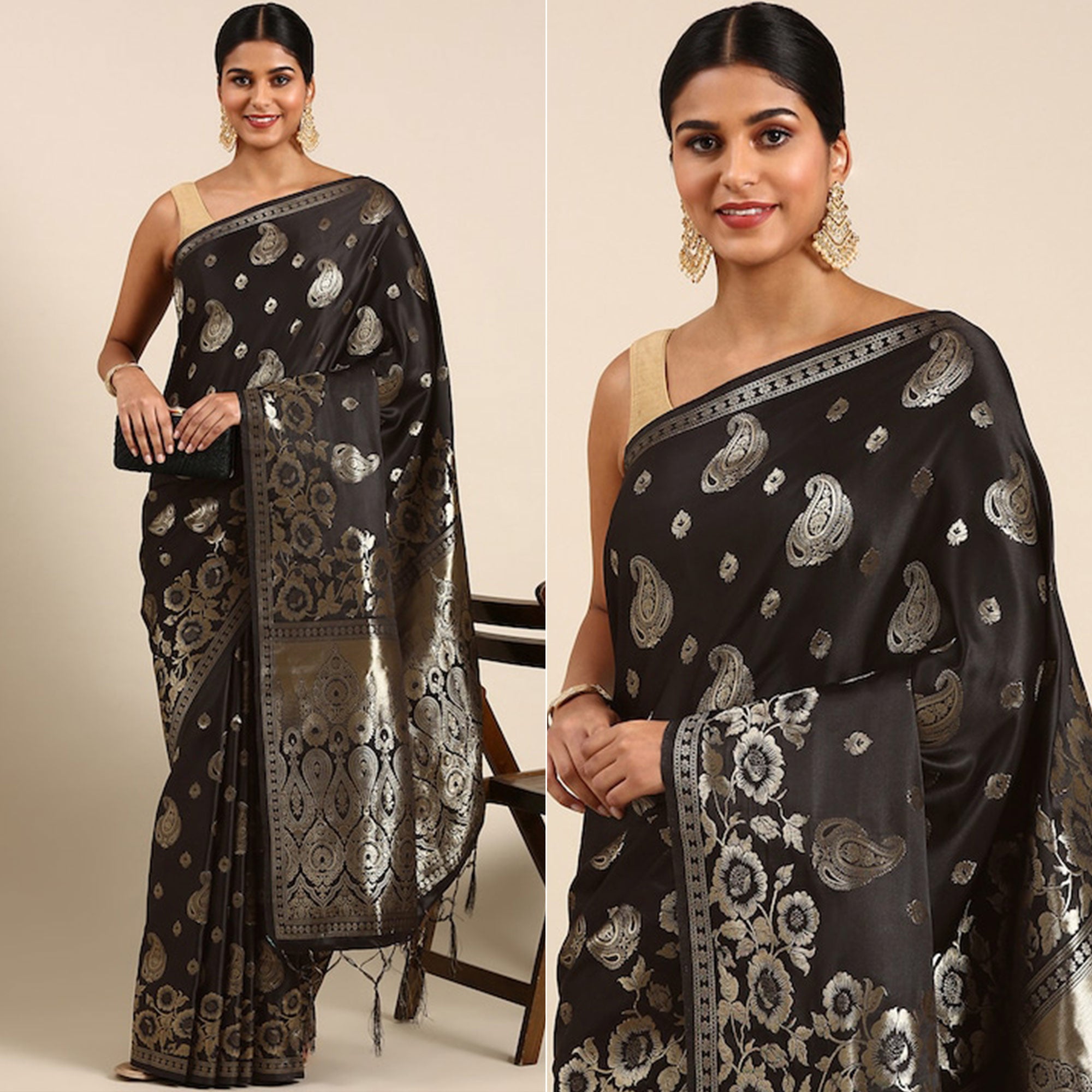 Black Woven Kanjivaram Silk Saree WithTassels