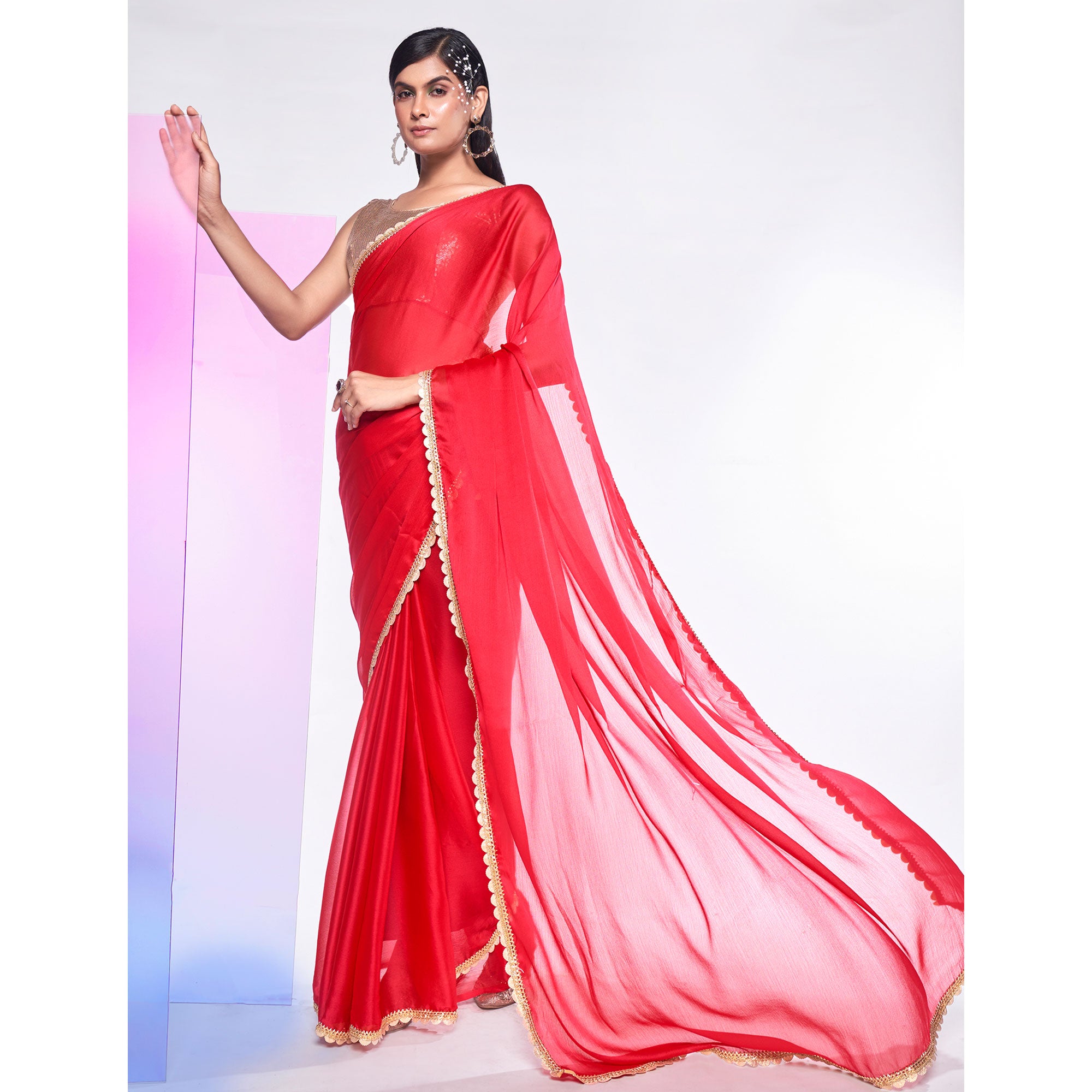 Pink Solid With Embroidered Border Georgette Saree