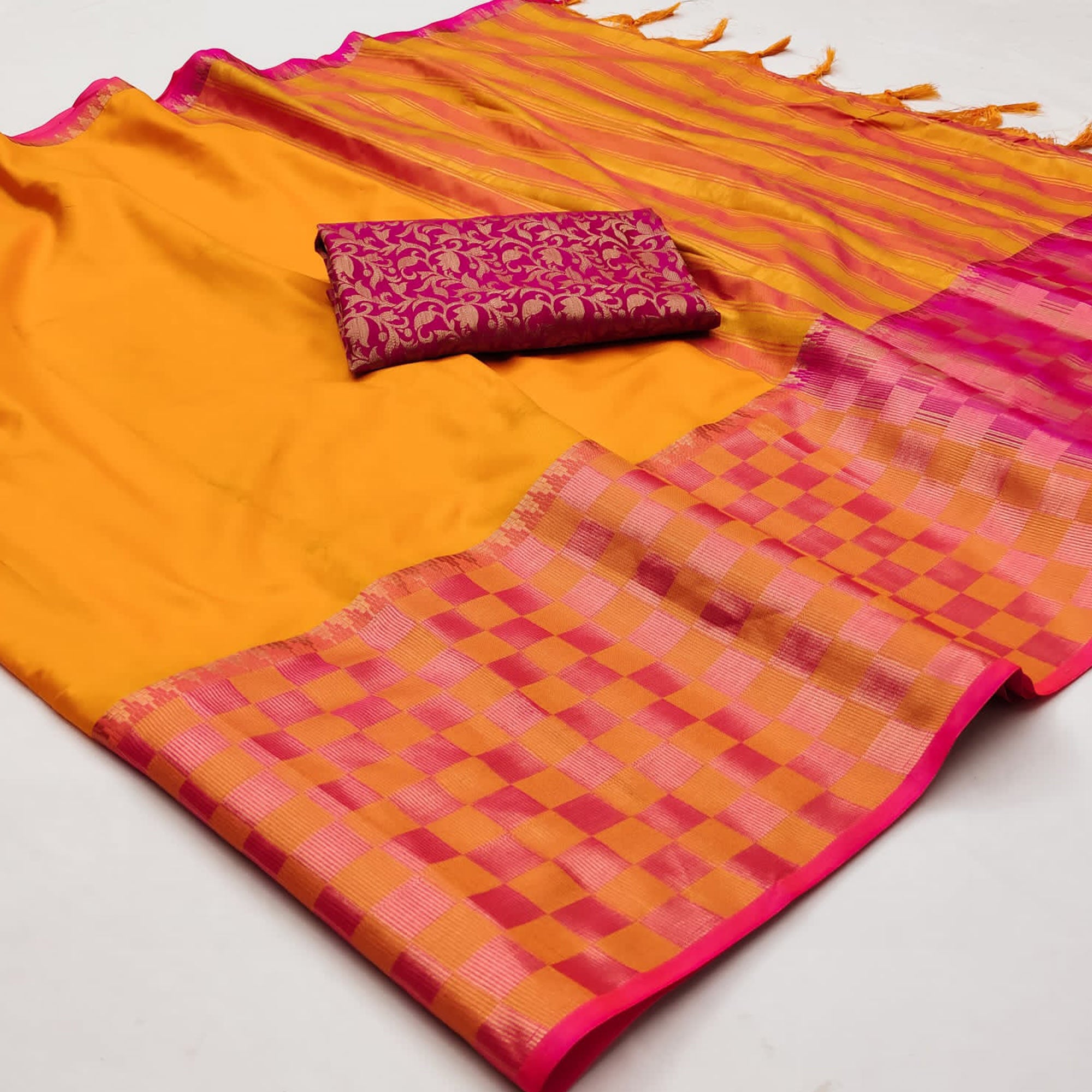 Orange Woven Cotton Silk Saree With Tassels