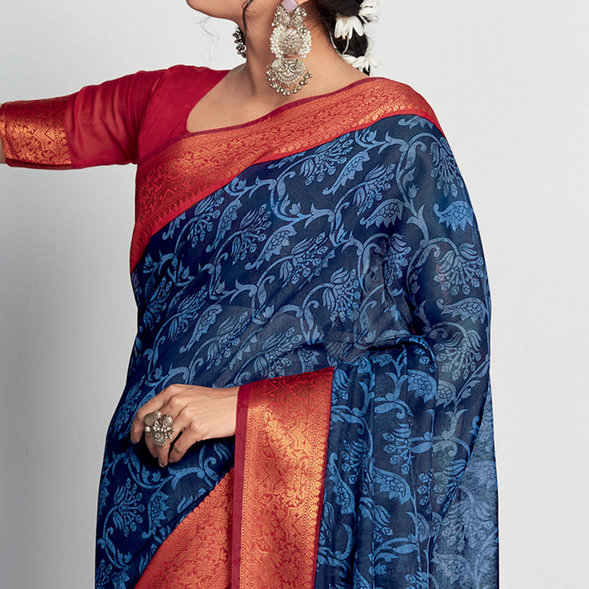 Blue Printed With Woven Border Cotton Blend Saree