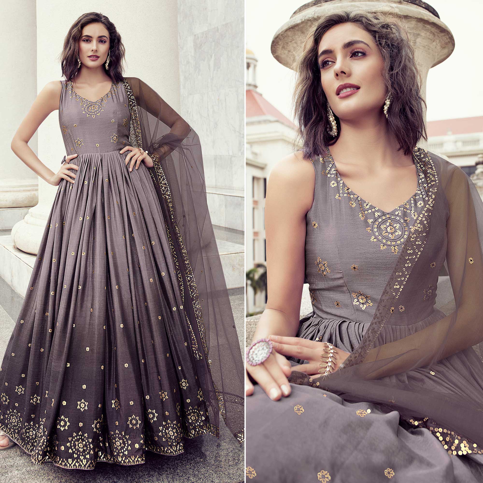 Light Violet Sequins Embroidered Chiffon Gown