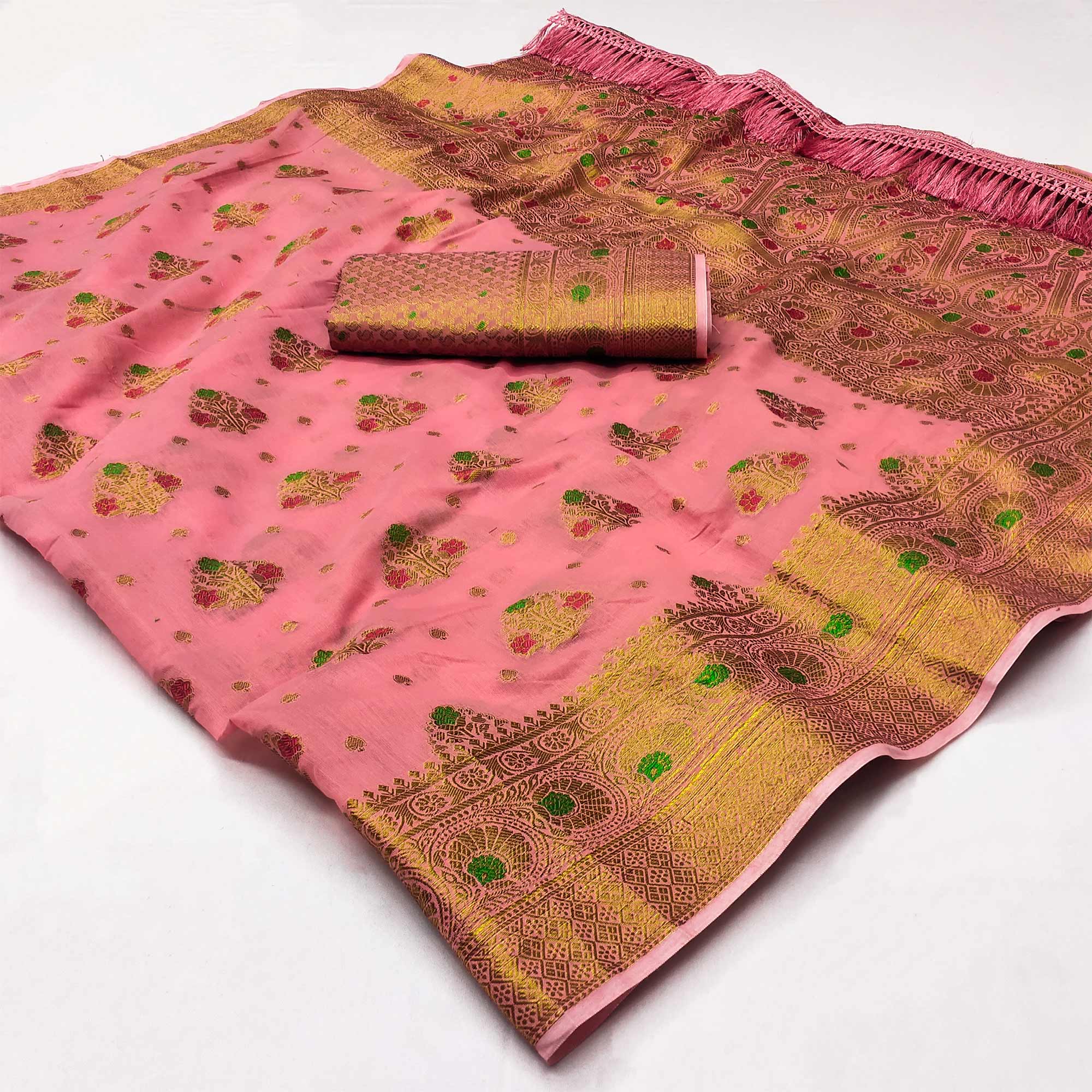 Pink Woven Cotton Blend Saree With Tassels