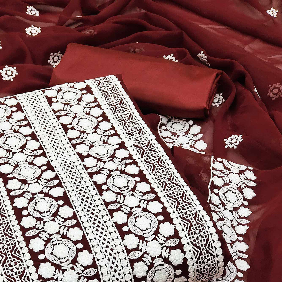 Maroon Lucknowi Embroidered Georgette Dress Material