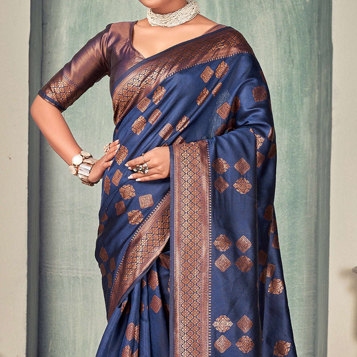 Navy Blue Woven Art Silk Saree With Tassels