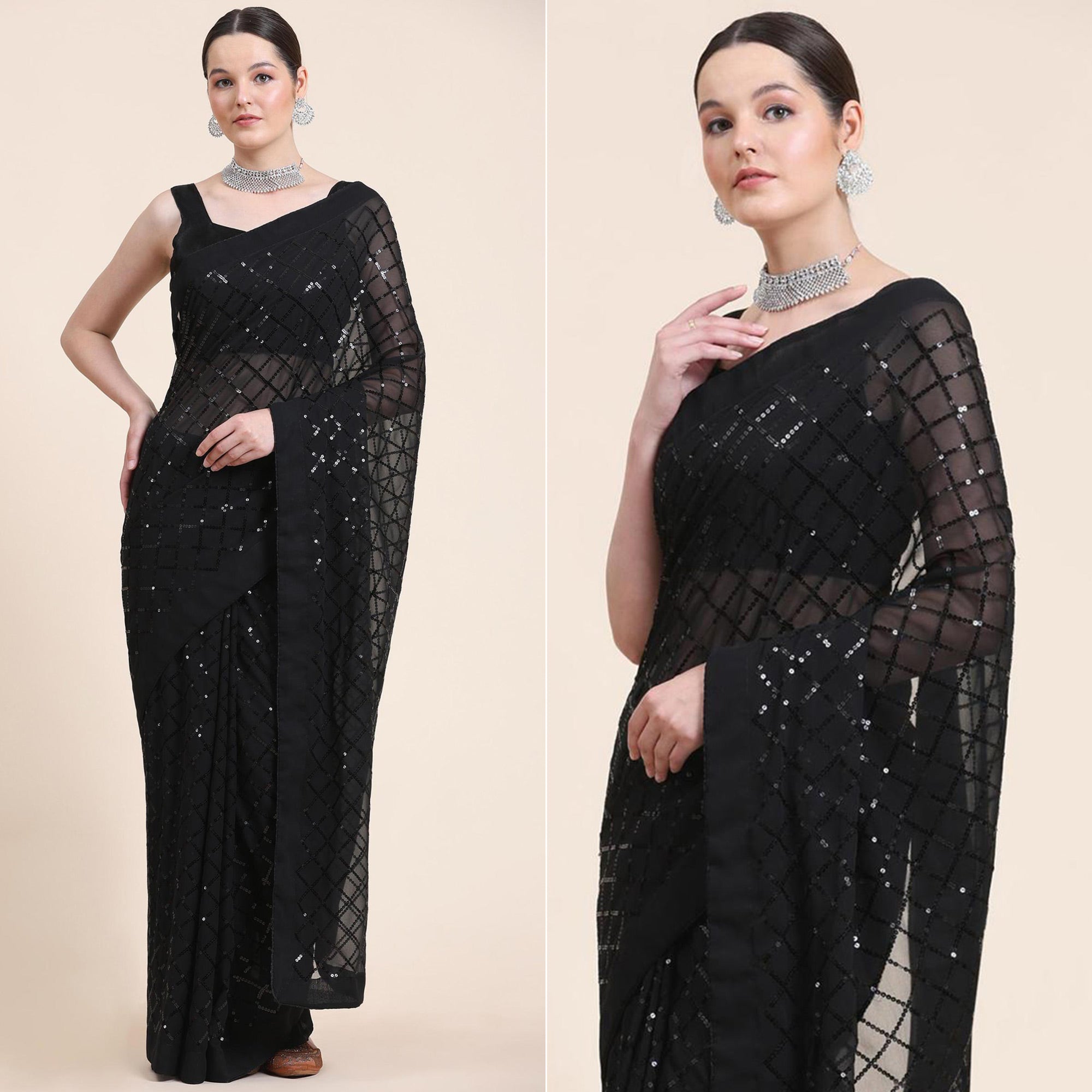 Black Sequins Embroidered Georgette Saree