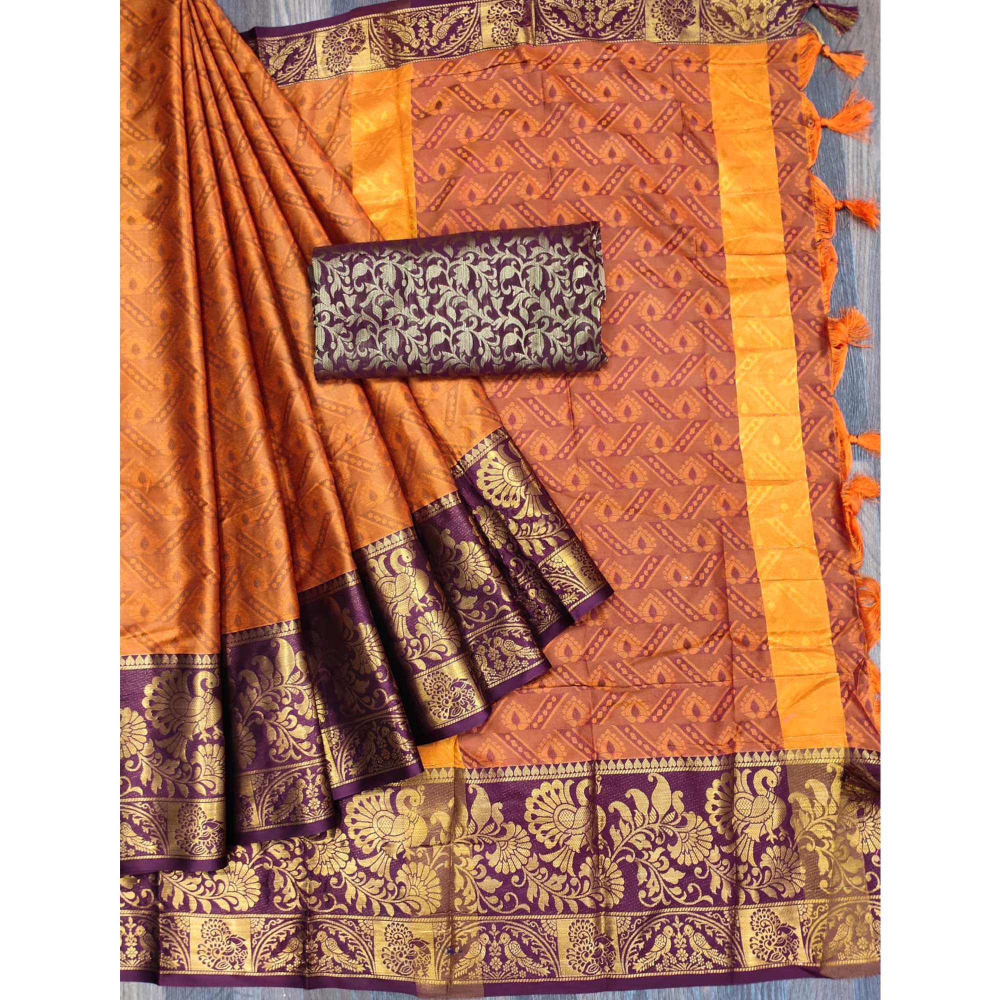 Orange Woven Cotton Silk Saree With Tassels