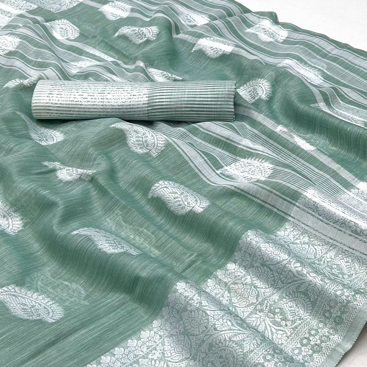Green Woven Linen Saree
