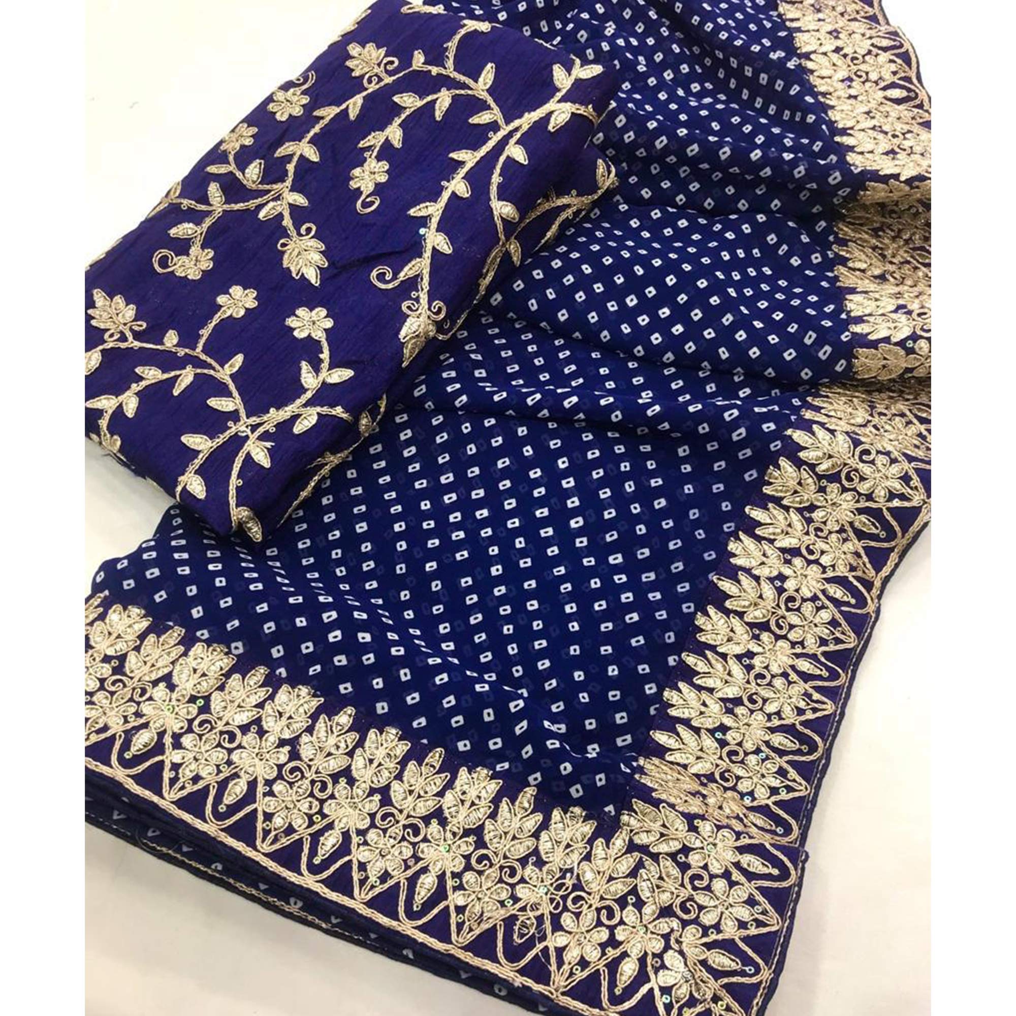 Navy Blue Bandhani Printed With Embroidered Border Georgette Saree