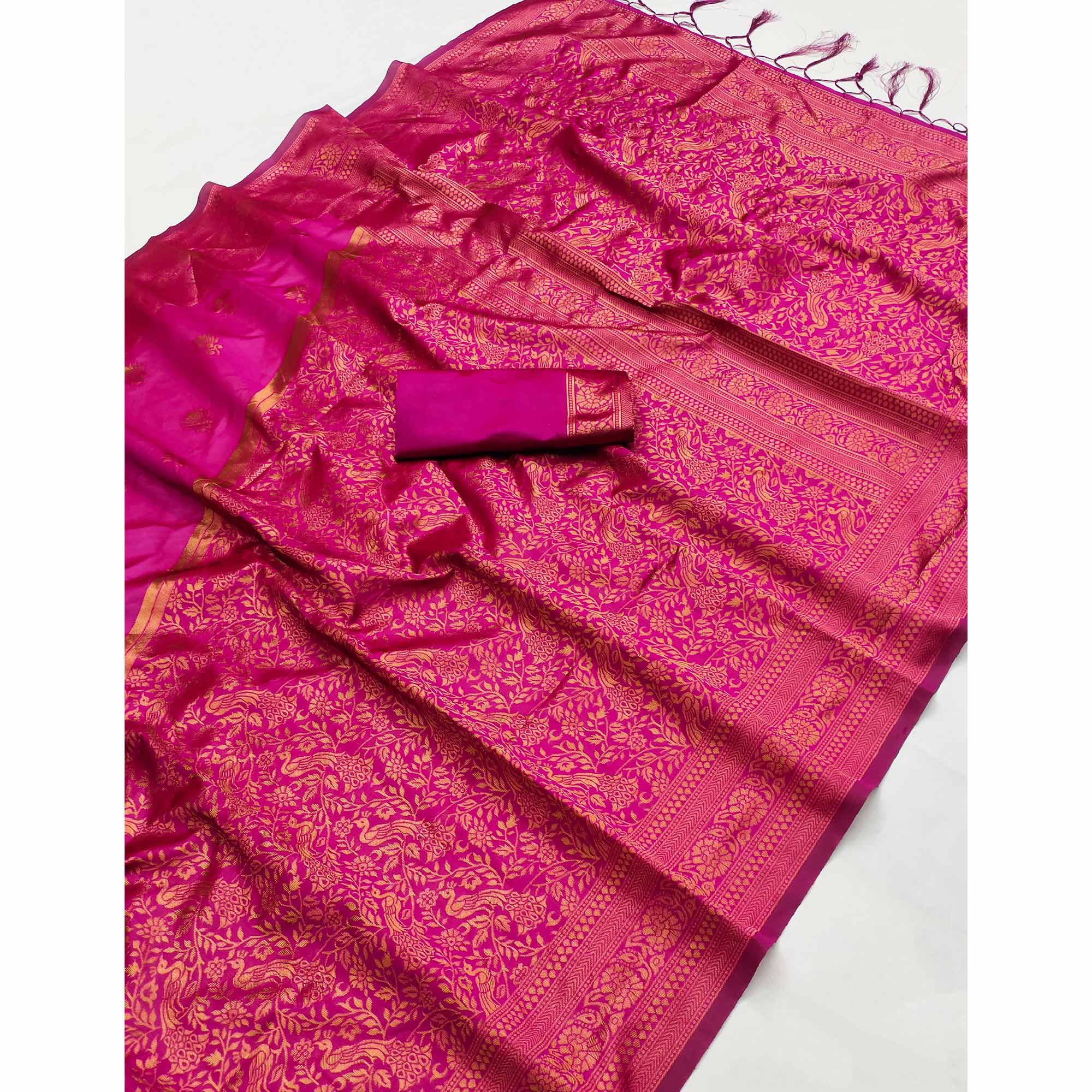 Pink Woven Art Silk Saree With Tassels