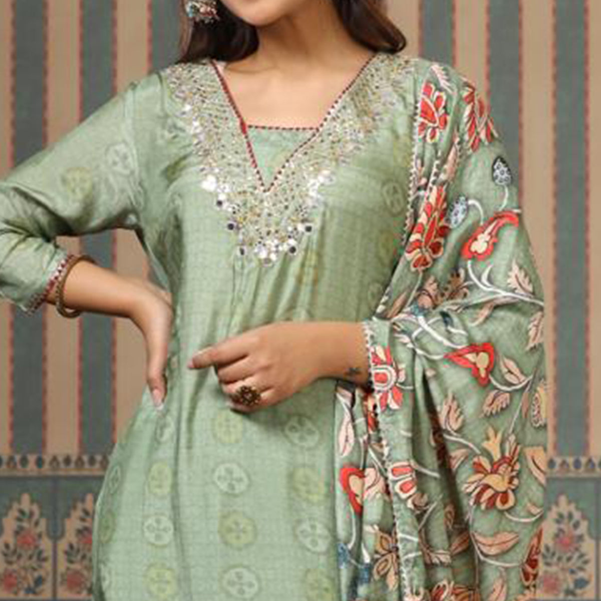 Green Printed With Gota Work Muslin Salwar Suit